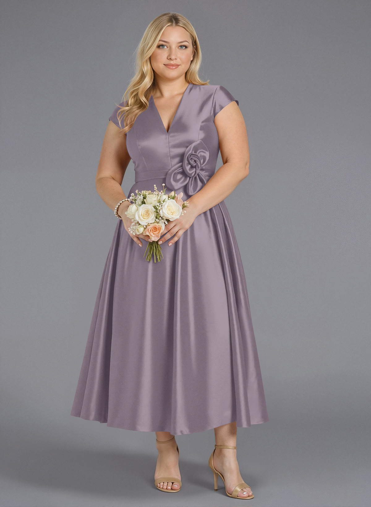 Classic V-Neck Short Sleeves Flower(s) A-Line Ankle-Length Satin Bridesmaid Dresses With Pockets, product image 224