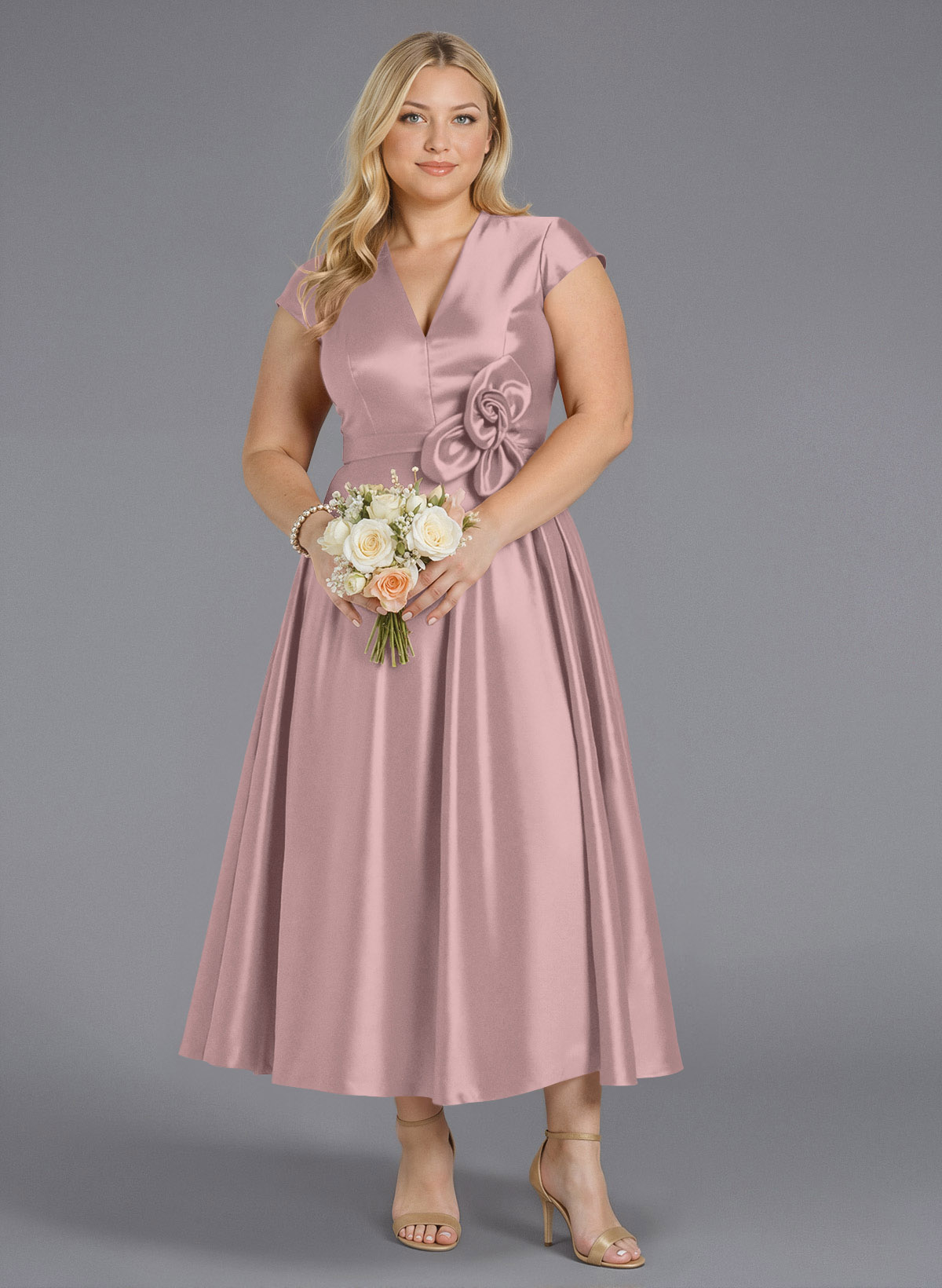 Classic V-Neck Short Sleeves Flower(s) A-Line Ankle-Length Satin Bridesmaid Dresses With Pockets, product image 238