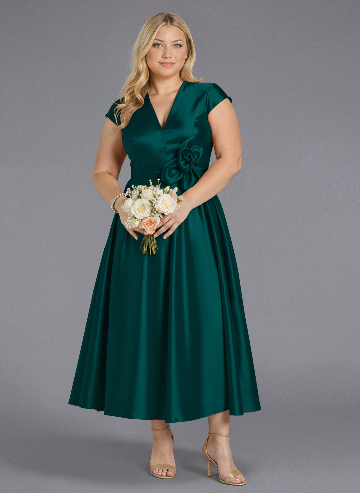 Classic V-Neck Short Sleeves Flower(s) A-Line Ankle-Length Satin Bridesmaid Dresses With Pockets, product image 150