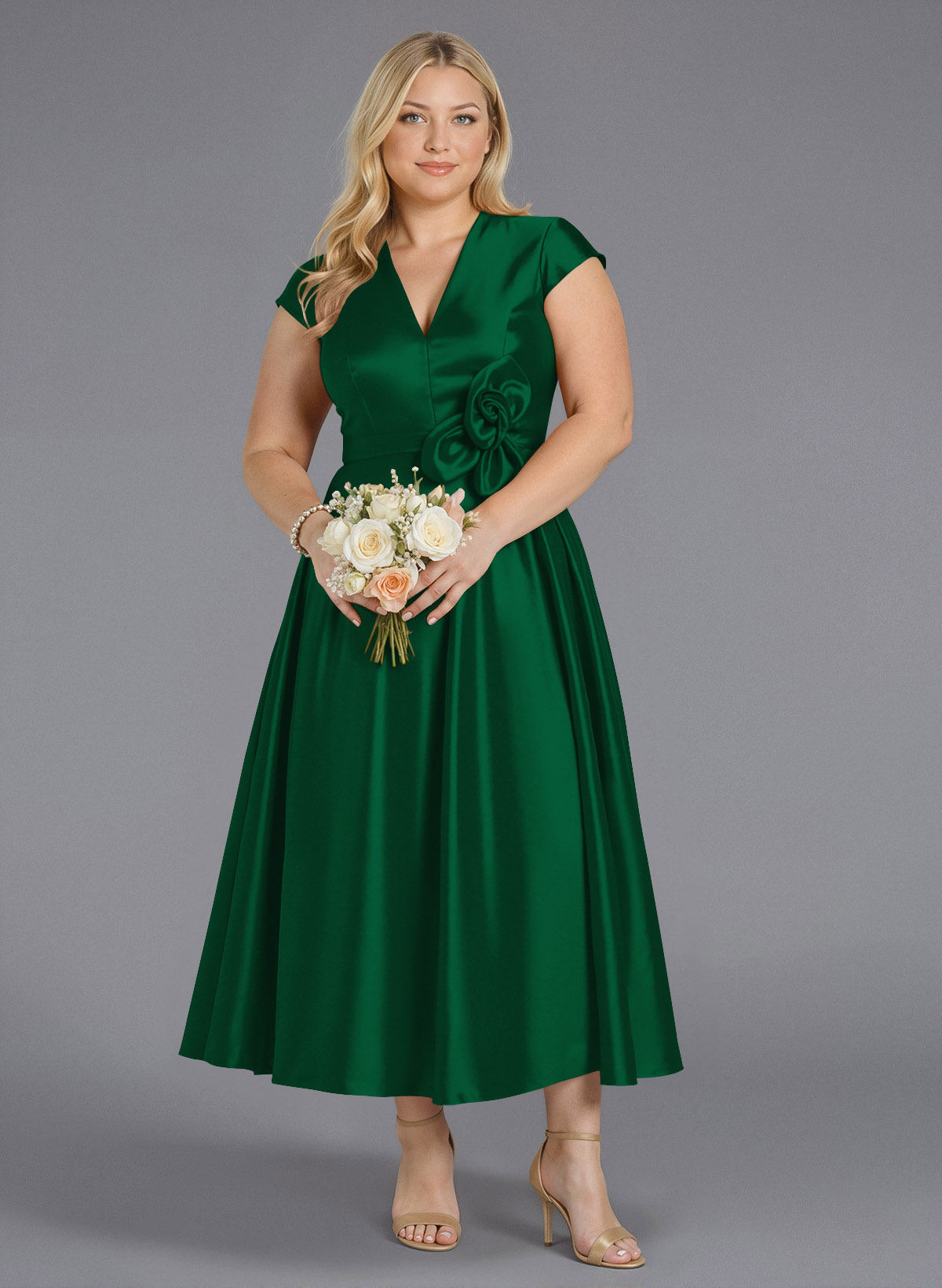 Classic V-Neck Short Sleeves Flower(s) A-Line Ankle-Length Satin Bridesmaid Dresses With Pockets, product image 154