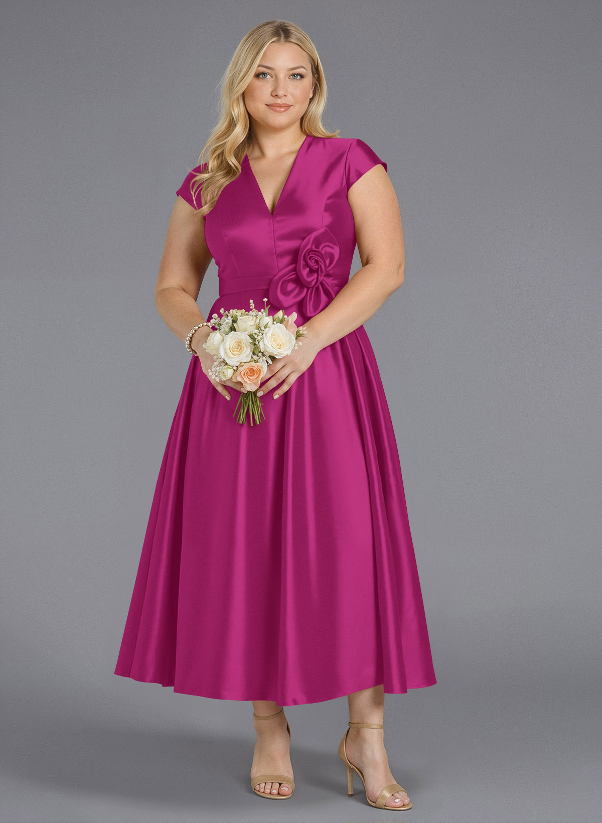 Classic V-Neck Short Sleeves Flower(s) A-Line Ankle-Length Satin Bridesmaid Dresses With Pockets, product image 206