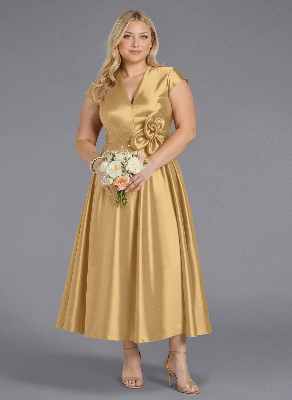 Classic V-Neck Short Sleeves Flower(s) A-Line Ankle-Length Satin Bridesmaid Dresses With Pockets, product image 180