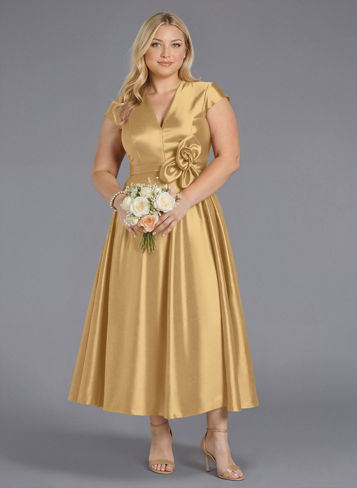Classic V-Neck Short Sleeves Flower(s) A-Line Ankle-Length Satin Bridesmaid Dresses With Pockets, product image 180
