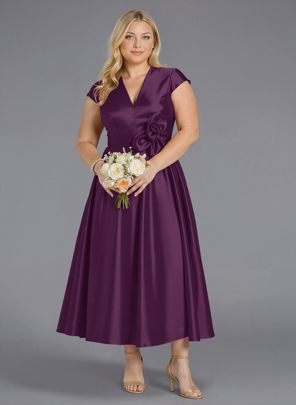 Classic V-Neck Short Sleeves Flower(s) A-Line Ankle-Length Satin Bridesmaid Dresses With Pockets, product image 210