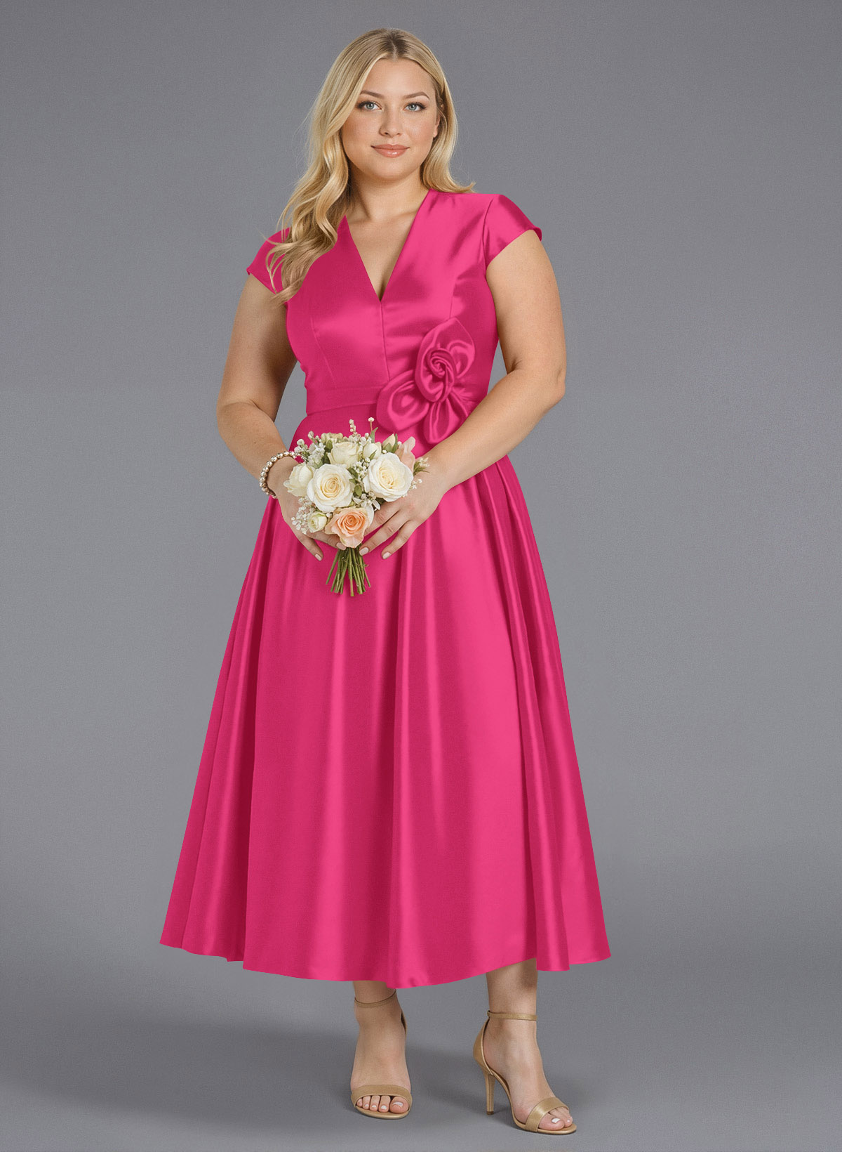 Classic V-Neck Short Sleeves Flower(s) A-Line Ankle-Length Satin Bridesmaid Dresses With Pockets, product image 162