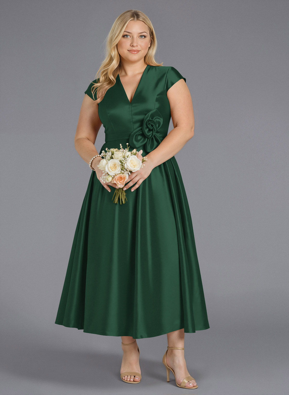 Classic V-Neck Short Sleeves Flower(s) A-Line Ankle-Length Satin Bridesmaid Dresses With Pockets, product image 200