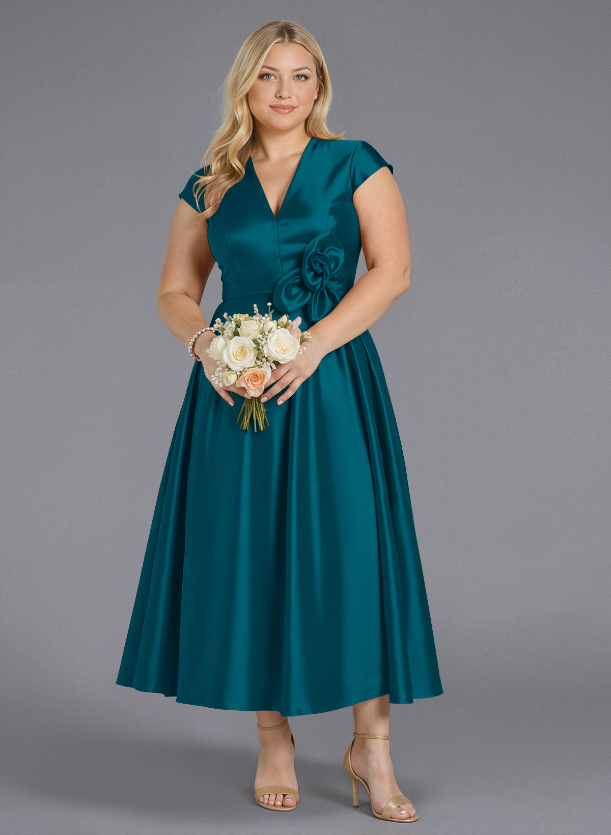 Classic V-Neck Short Sleeves Flower(s) A-Line Ankle-Length Satin Bridesmaid Dresses With Pockets, product image 266