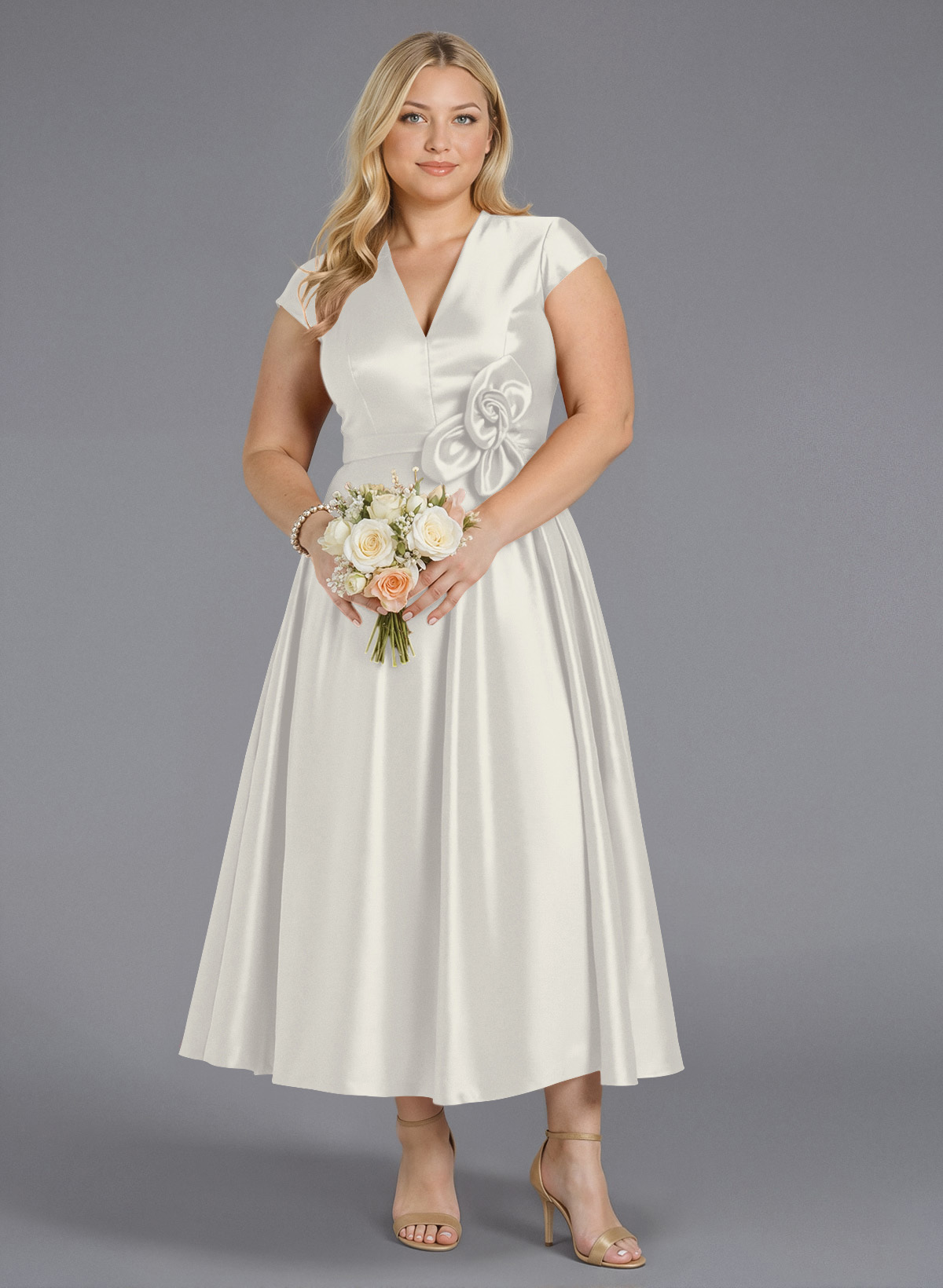 Classic V-Neck Short Sleeves Flower(s) A-Line Ankle-Length Satin Bridesmaid Dresses With Pockets, product image 172