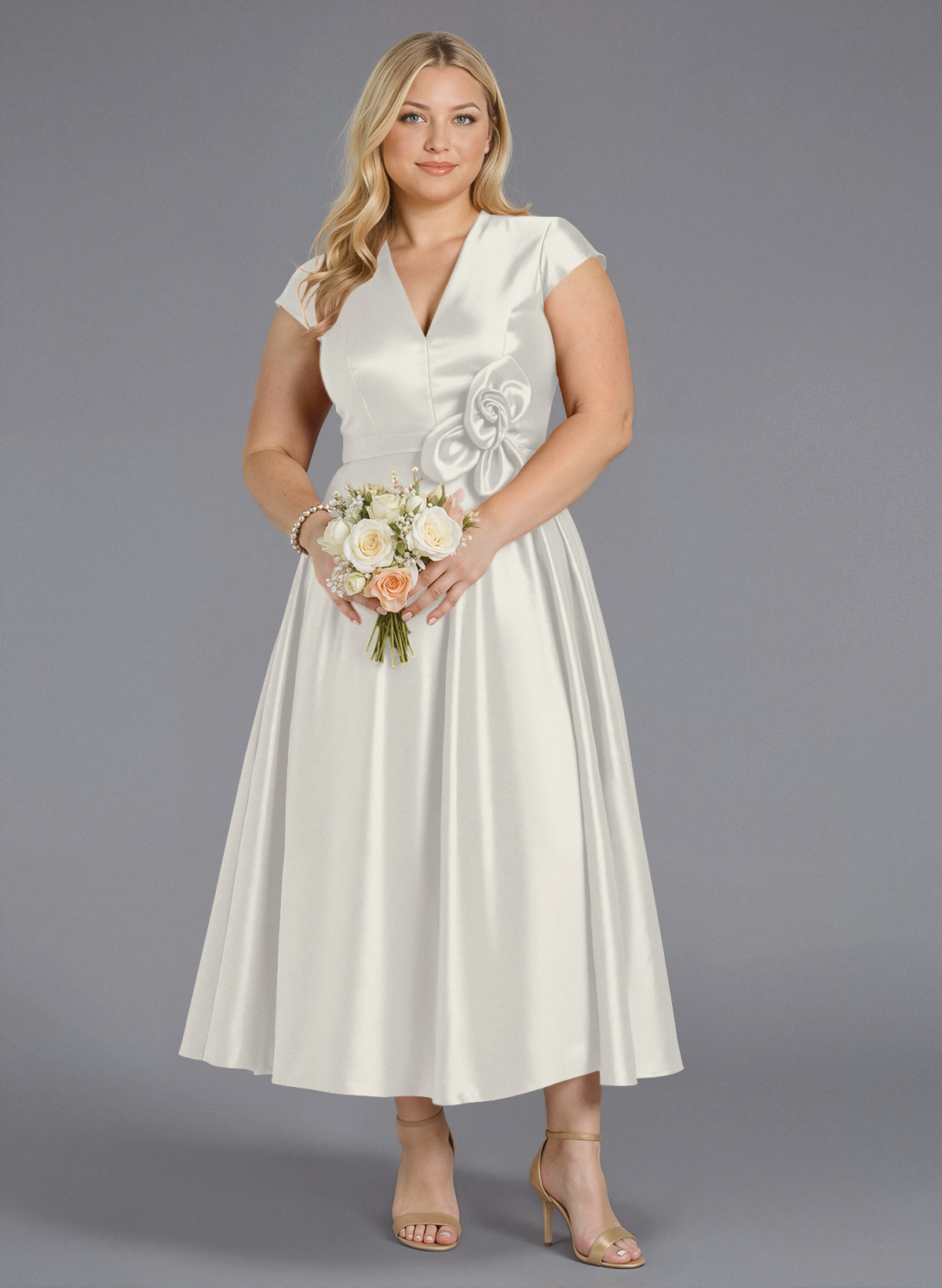 Classic V-Neck Short Sleeves Flower(s) A-Line Ankle-Length Satin Bridesmaid Dresses With Pockets, product image 172