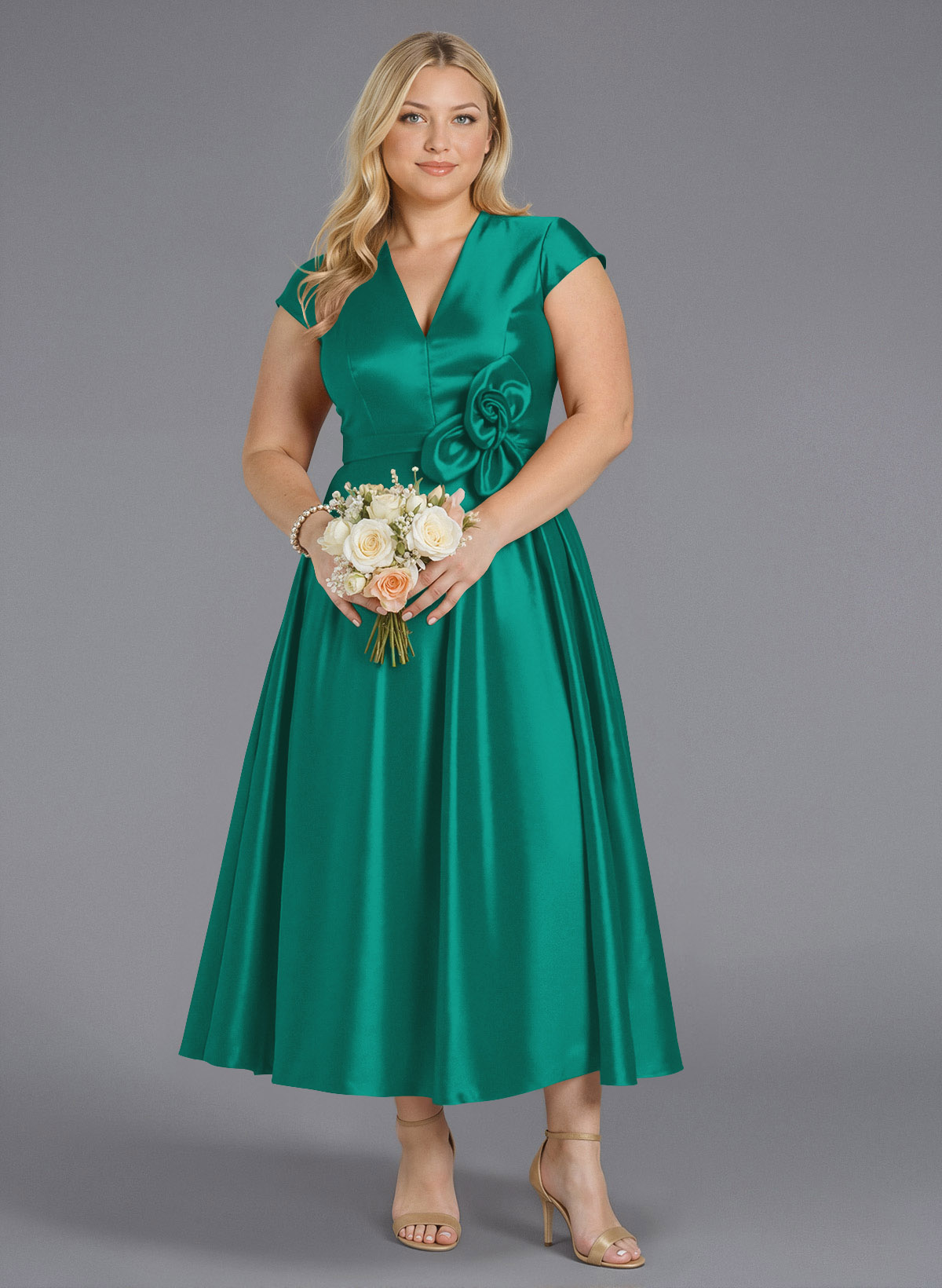 Classic V-Neck Short Sleeves Flower(s) A-Line Ankle-Length Satin Bridesmaid Dresses With Pockets, product image 196