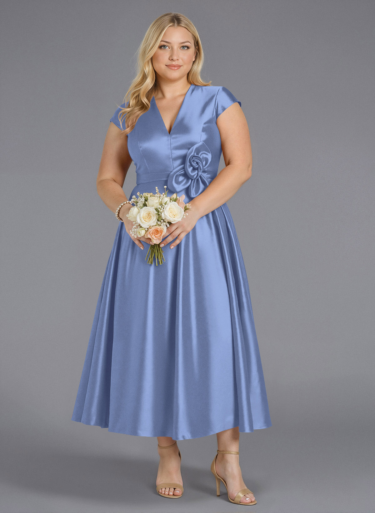 Classic V-Neck Short Sleeves Flower(s) A-Line Ankle-Length Satin Bridesmaid Dresses With Pockets, product image 258