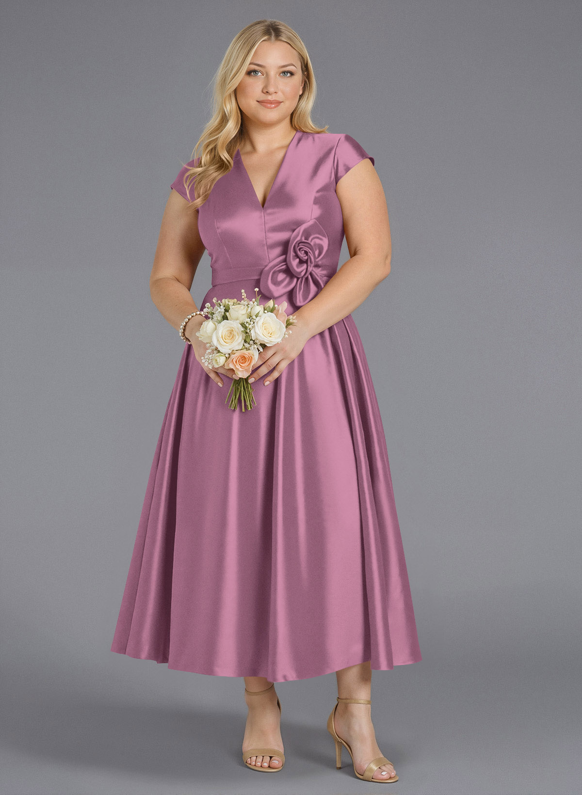 Classic V-Neck Short Sleeves Flower(s) A-Line Ankle-Length Satin Bridesmaid Dresses With Pockets, product image 218