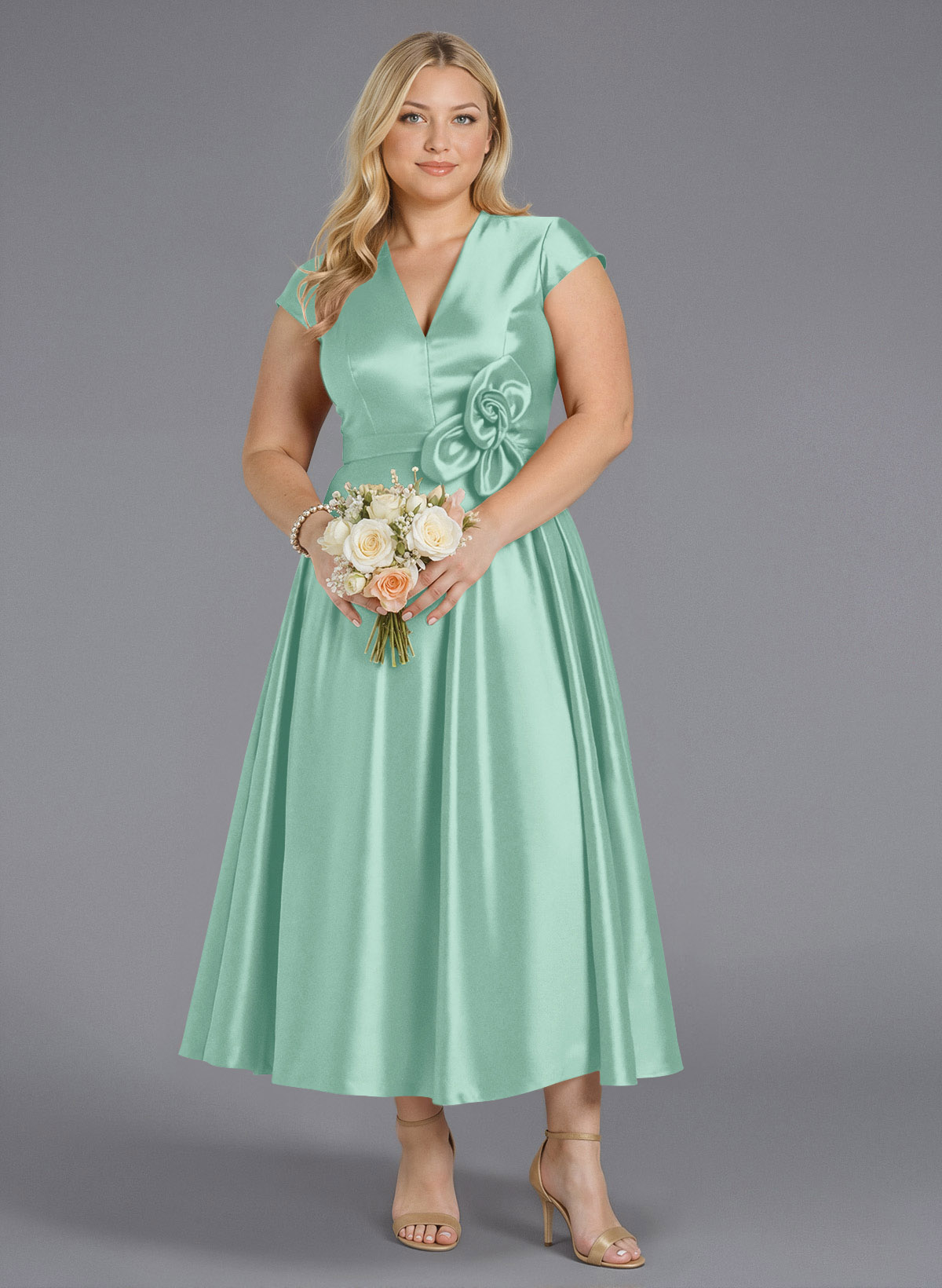 Classic V-Neck Short Sleeves Flower(s) A-Line Ankle-Length Satin Bridesmaid Dresses With Pockets, product image 190