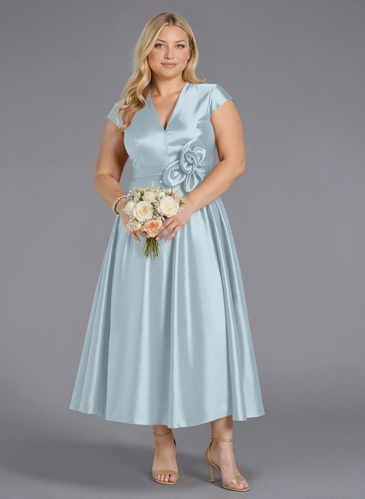 Classic V-Neck Short Sleeves Flower(s) A-Line Ankle-Length Satin Bridesmaid Dresses With Pockets, product image 254