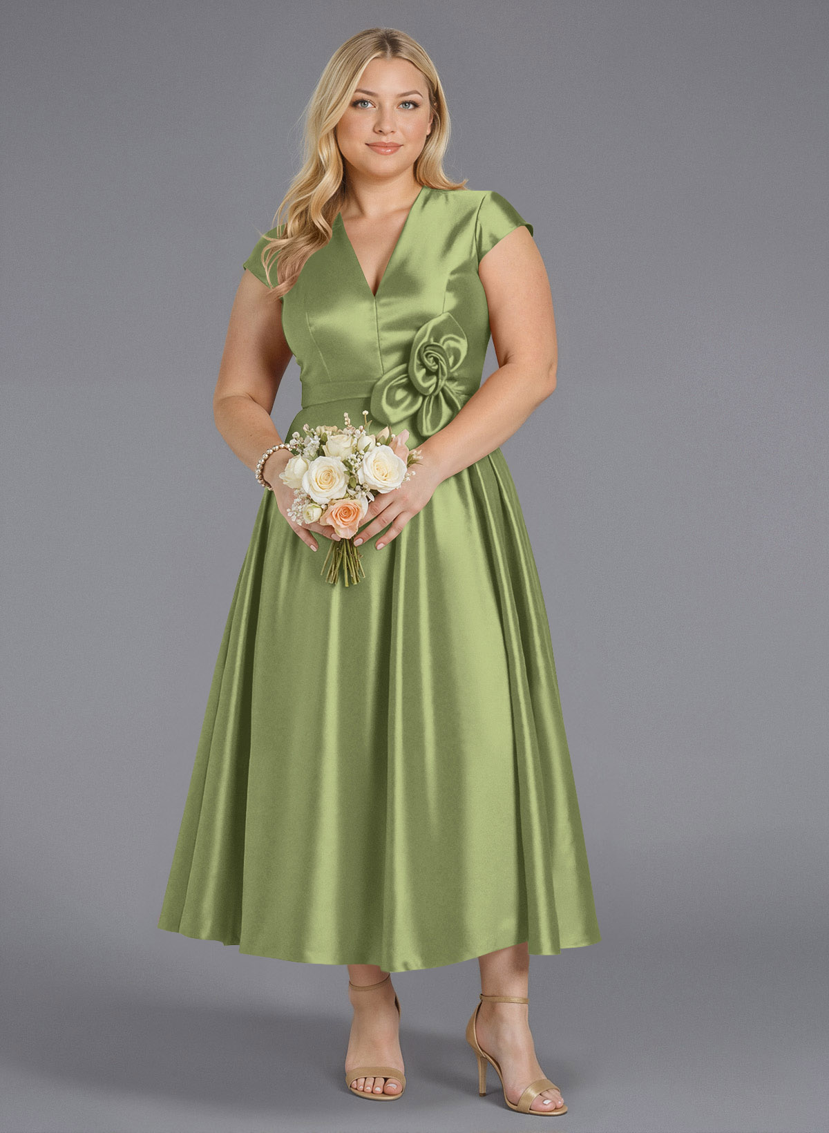 Classic V-Neck Short Sleeves Flower(s) A-Line Ankle-Length Satin Bridesmaid Dresses With Pockets, product image 148