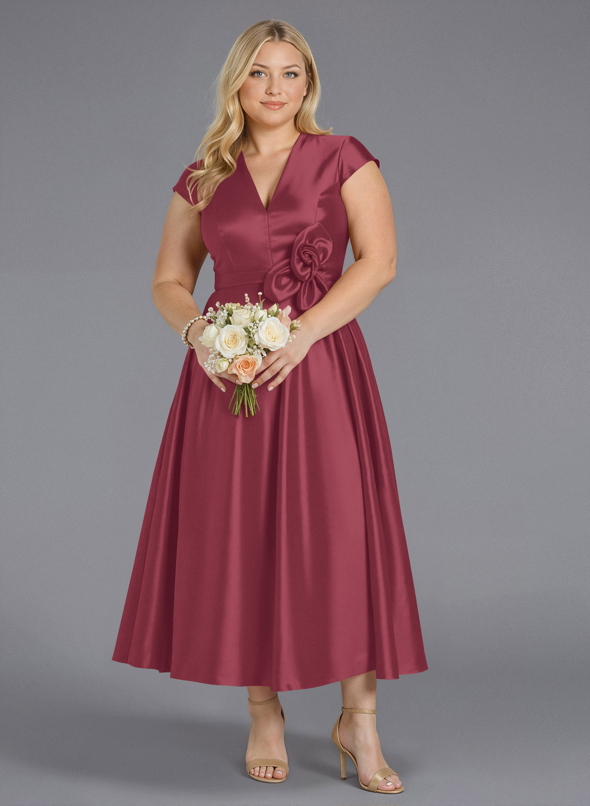 Classic V-Neck Short Sleeves Flower(s) A-Line Ankle-Length Satin Bridesmaid Dresses With Pockets, product image 246