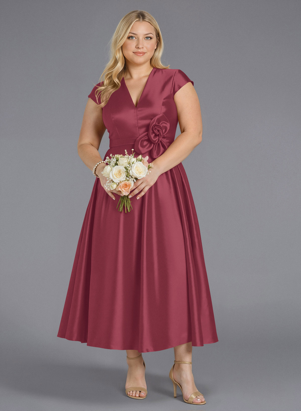 Classic V-Neck Short Sleeves Flower(s) A-Line Ankle-Length Satin Bridesmaid Dresses With Pockets, product image 246