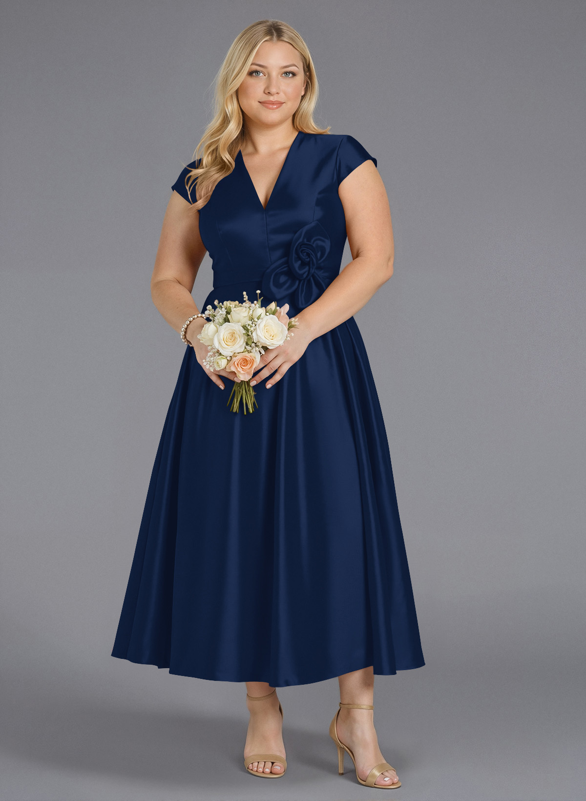 Classic V-Neck Short Sleeves Flower(s) A-Line Ankle-Length Satin Bridesmaid Dresses With Pockets, product image 274