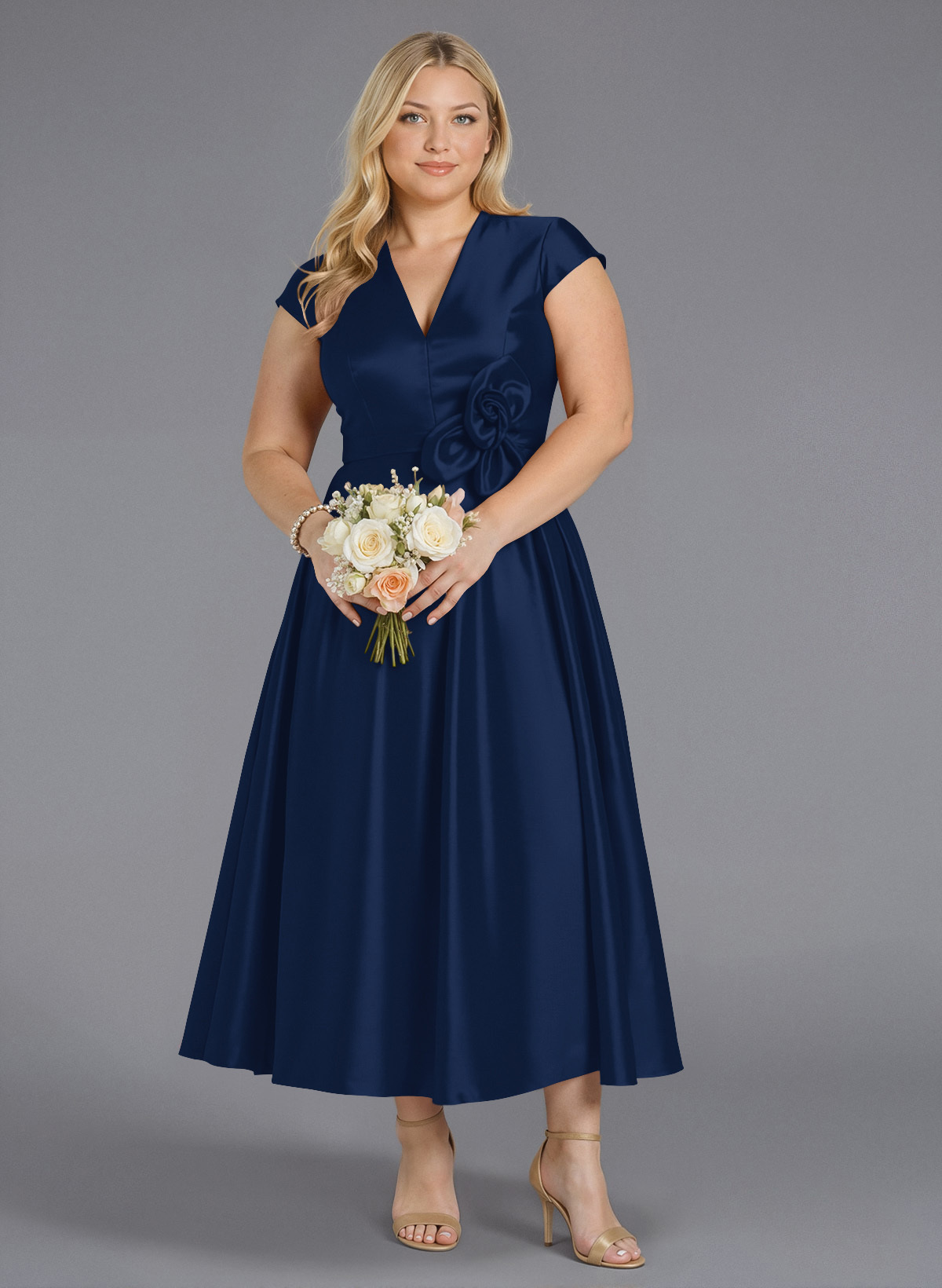 Classic V-Neck Short Sleeves Flower(s) A-Line Ankle-Length Satin Bridesmaid Dresses With Pockets, product image 274