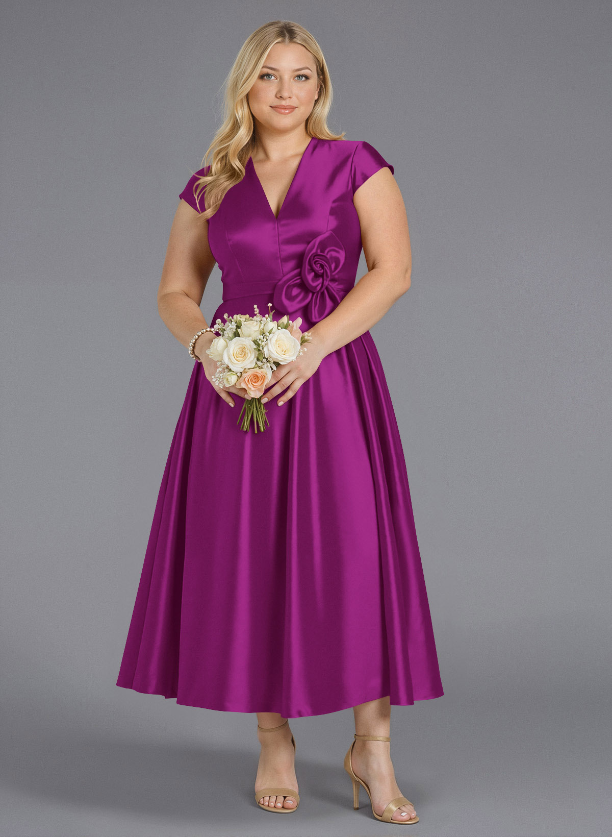 Classic V-Neck Short Sleeves Flower(s) A-Line Ankle-Length Satin Bridesmaid Dresses With Pockets, product image 208