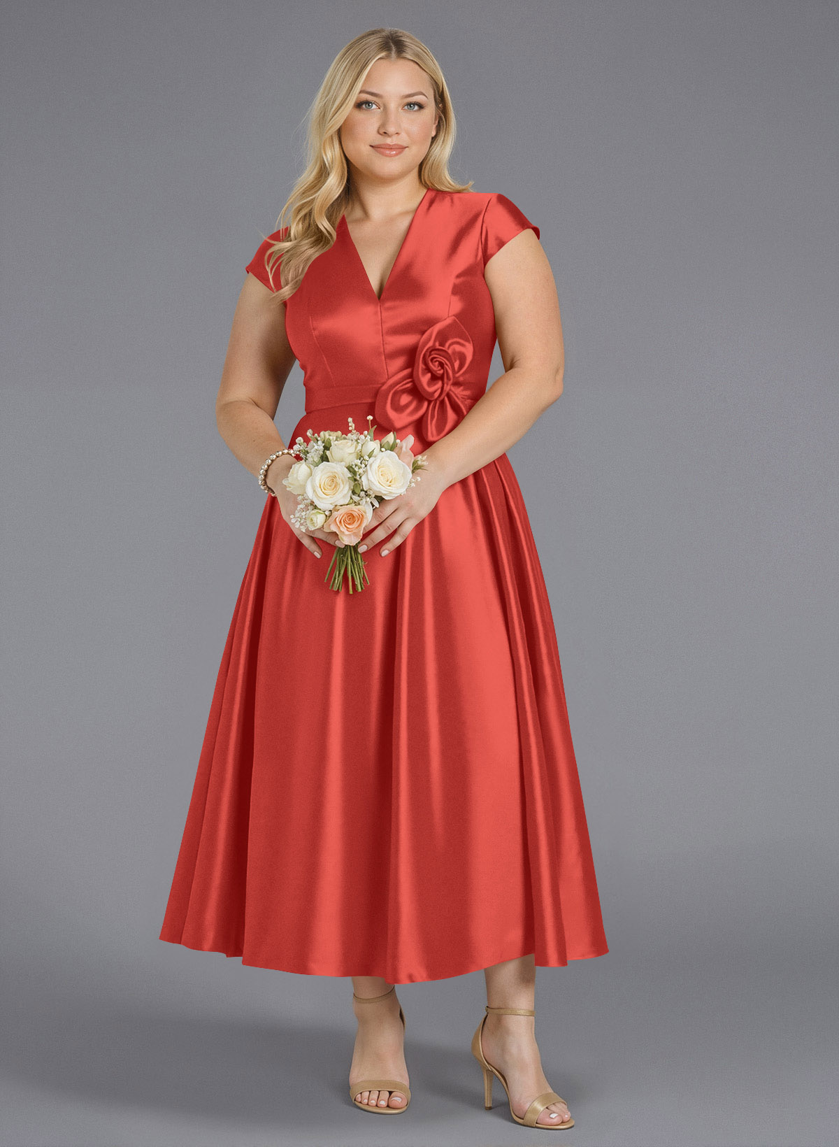 Classic V-Neck Short Sleeves Flower(s) A-Line Ankle-Length Satin Bridesmaid Dresses With Pockets, product image 176