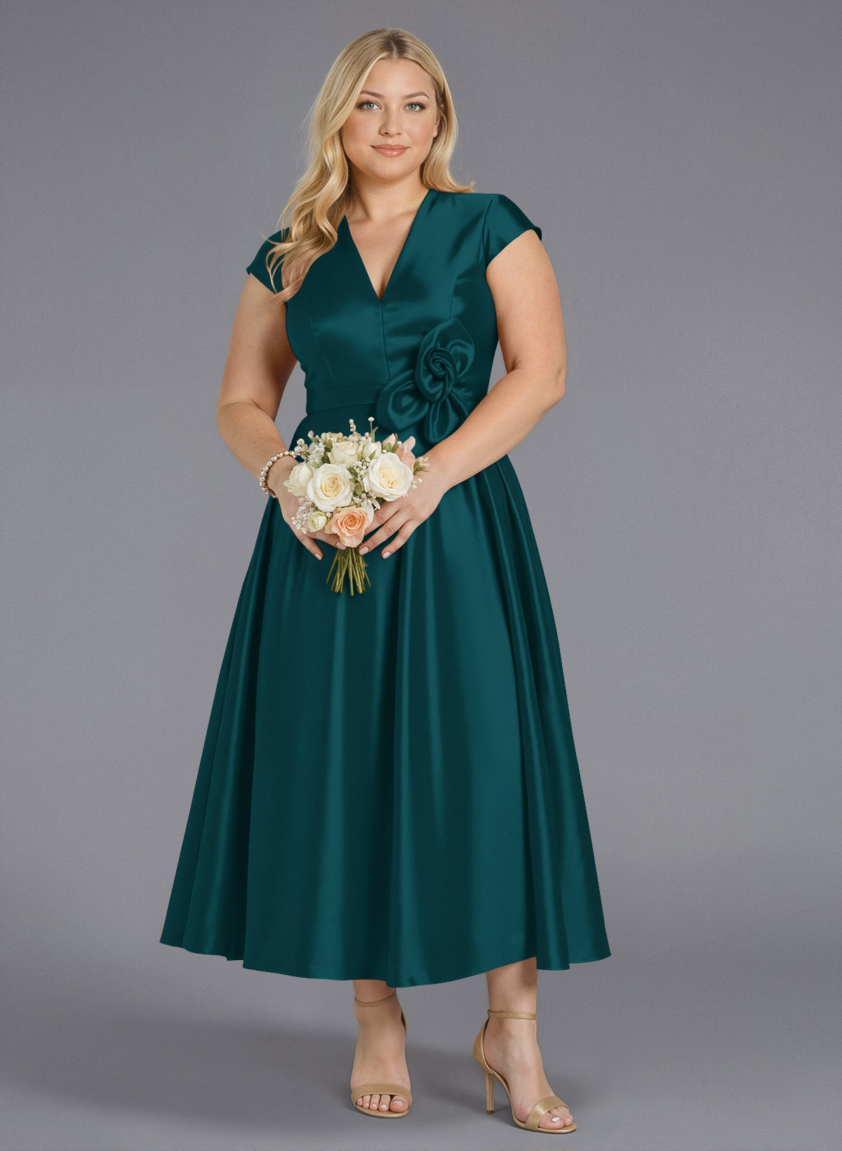 Classic V-Neck Short Sleeves Flower(s) A-Line Ankle-Length Satin Bridesmaid Dresses With Pockets, product image 198