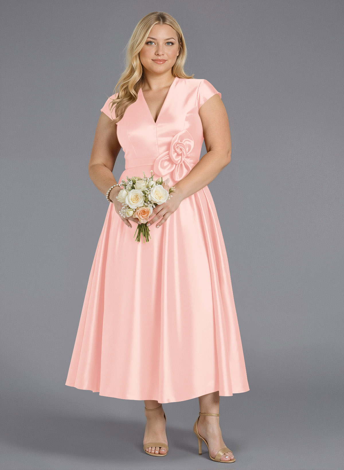 Classic V-Neck Short Sleeves Flower(s) A-Line Ankle-Length Satin Bridesmaid Dresses With Pockets, product image 236