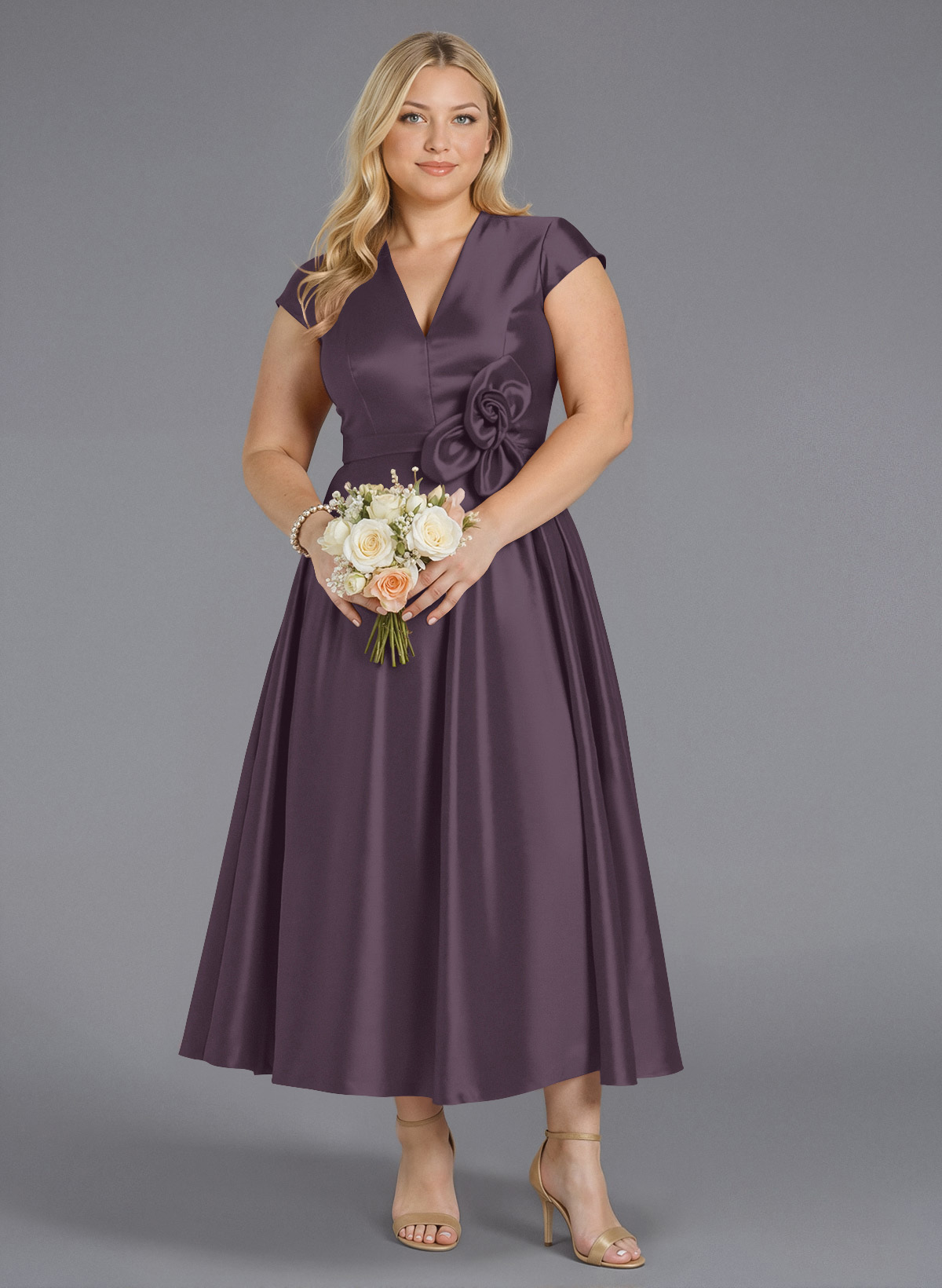 Classic V-Neck Short Sleeves Flower(s) A-Line Ankle-Length Satin Bridesmaid Dresses With Pockets, product image 160