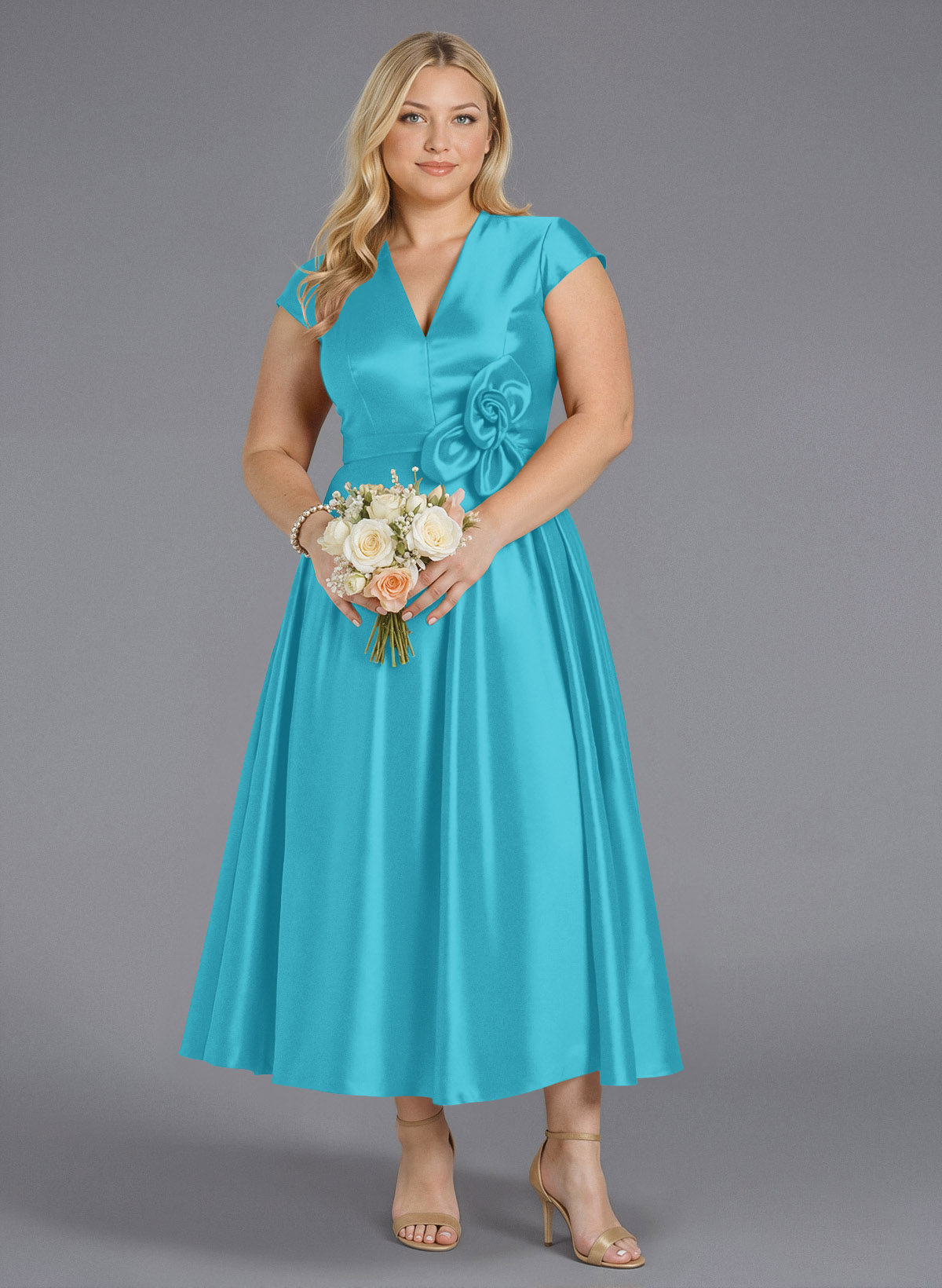 Classic V-Neck Short Sleeves Flower(s) A-Line Ankle-Length Satin Bridesmaid Dresses With Pockets, product image 260