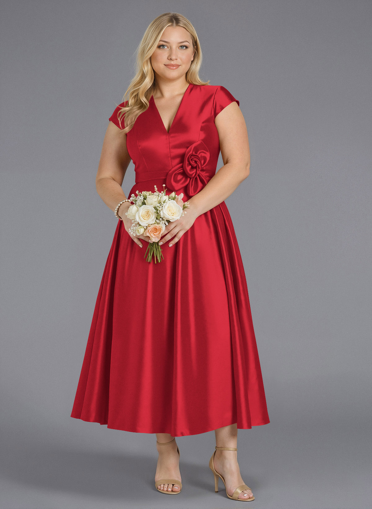 Classic V-Neck Short Sleeves Flower(s) A-Line Ankle-Length Satin Bridesmaid Dresses With Pockets, product image 244