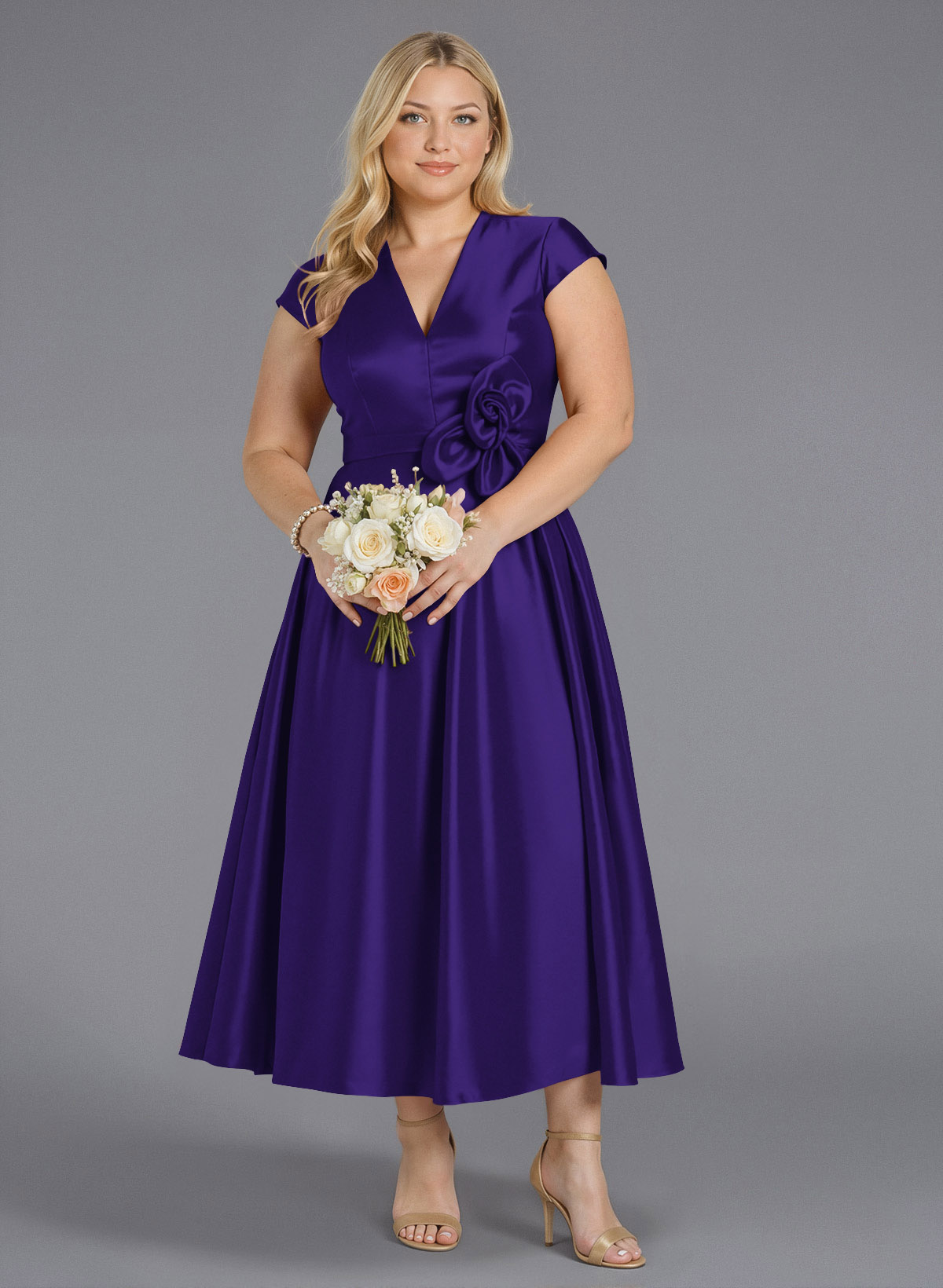 Classic V-Neck Short Sleeves Flower(s) A-Line Ankle-Length Satin Bridesmaid Dresses With Pockets, product image 204