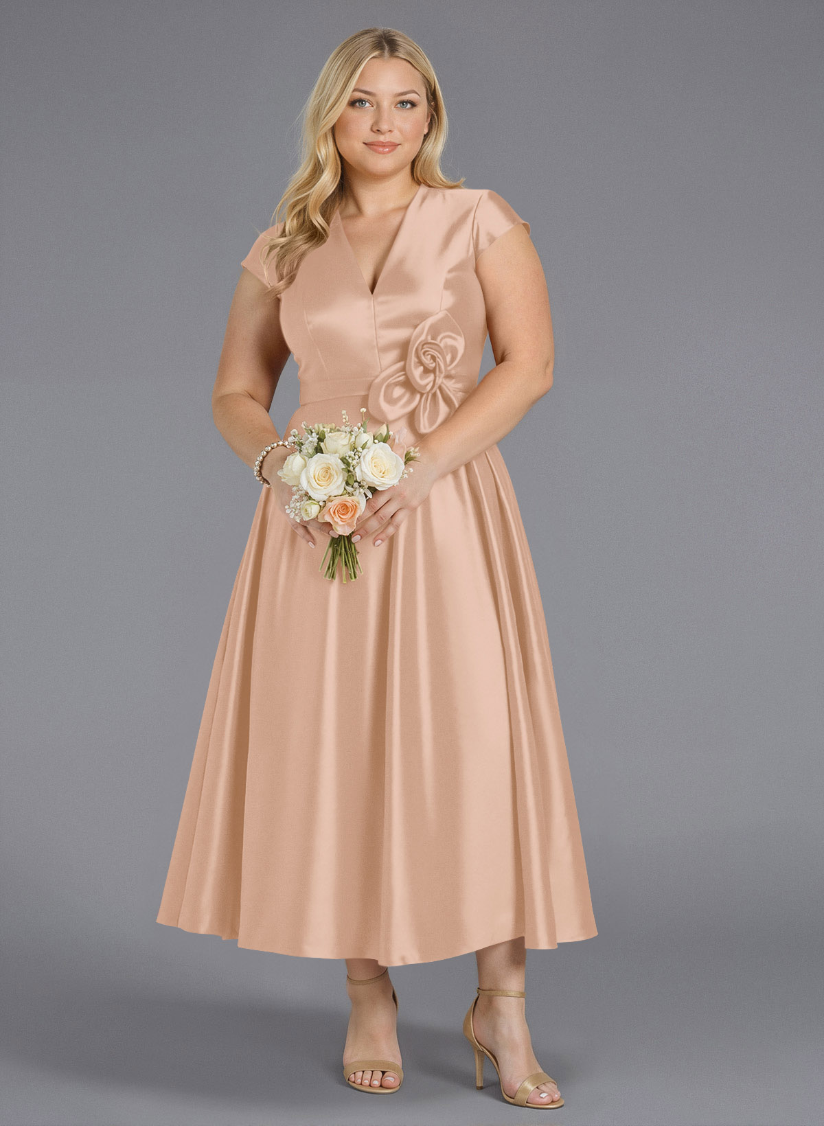 Classic V-Neck Short Sleeves Flower(s) A-Line Ankle-Length Satin Bridesmaid Dresses With Pockets, product image 152