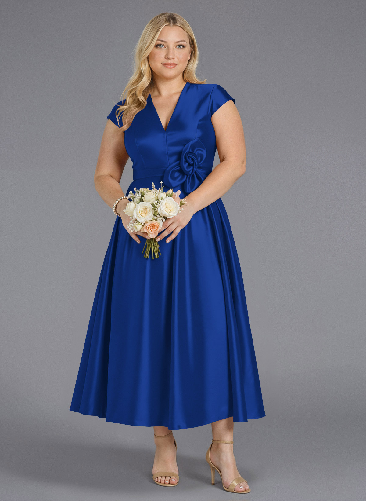 Classic V-Neck Short Sleeves Flower(s) A-Line Ankle-Length Satin Bridesmaid Dresses With Pockets, product image 264