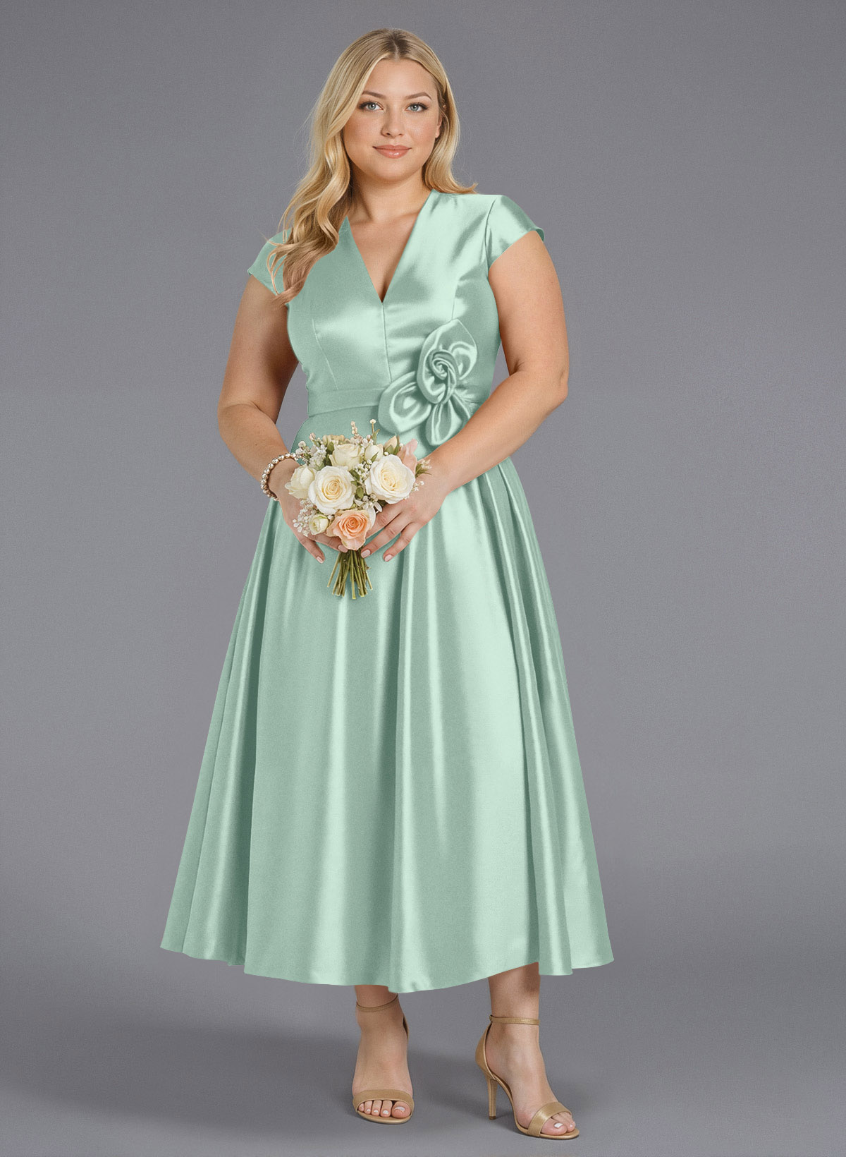 Classic V-Neck Short Sleeves Flower(s) A-Line Ankle-Length Satin Bridesmaid Dresses With Pockets, product image 192