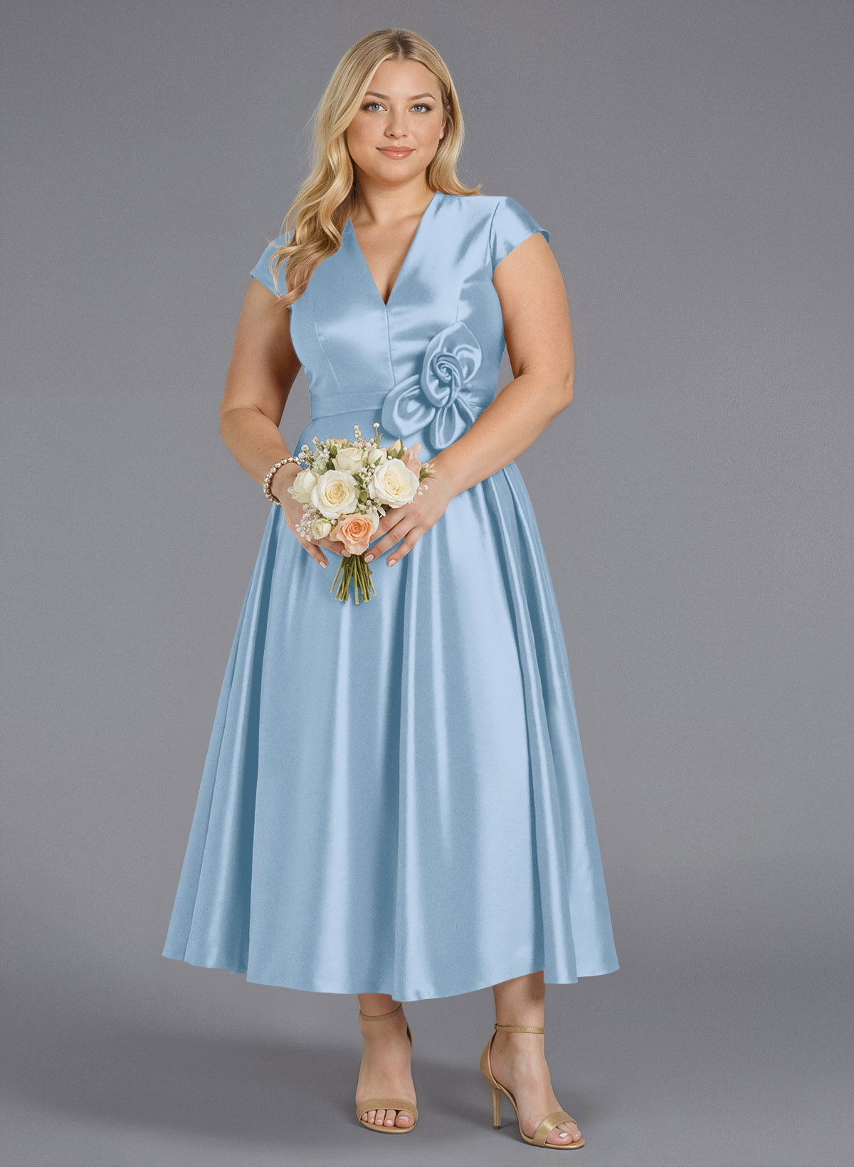 Classic V-Neck Short Sleeves Flower(s) A-Line Ankle-Length Satin Bridesmaid Dresses With Pockets, product image 256