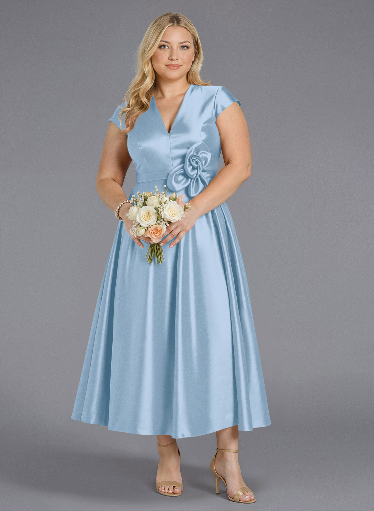 Classic V-Neck Short Sleeves Flower(s) A-Line Ankle-Length Satin Bridesmaid Dresses With Pockets, product image 256