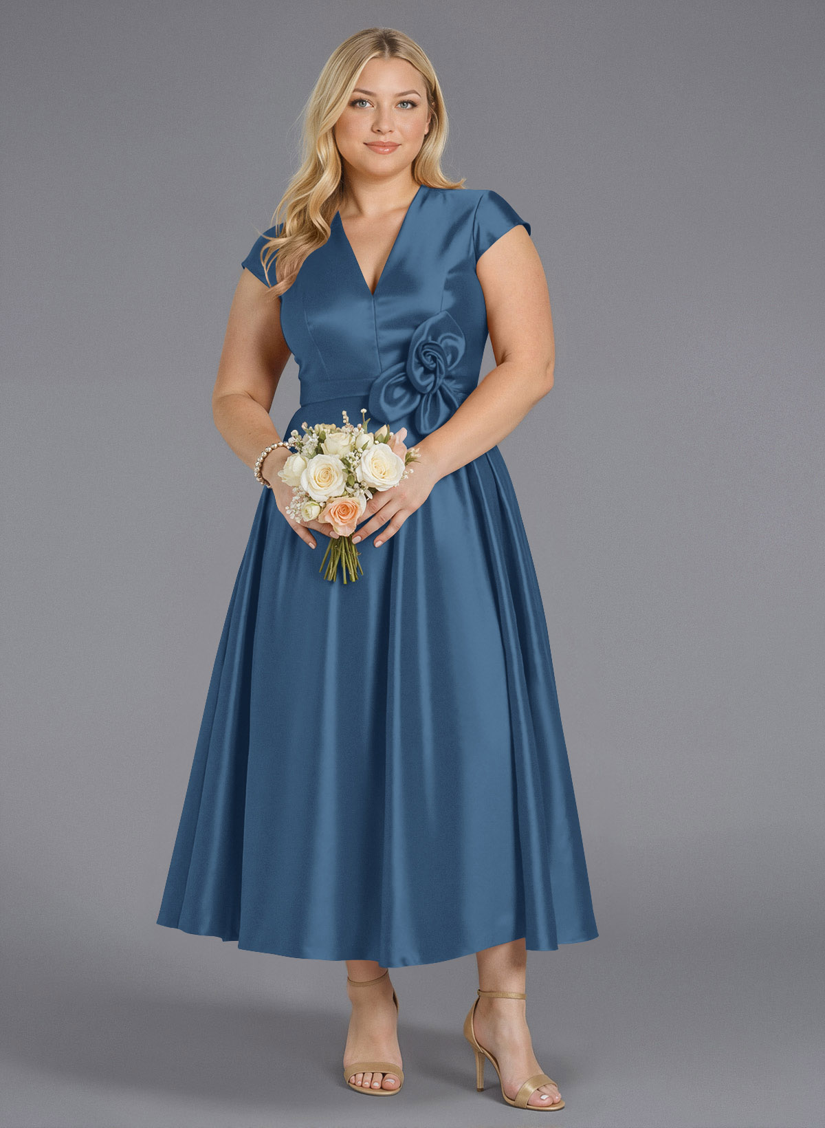 Classic V-Neck Short Sleeves Flower(s) A-Line Ankle-Length Satin Bridesmaid Dresses With Pockets, product image 270