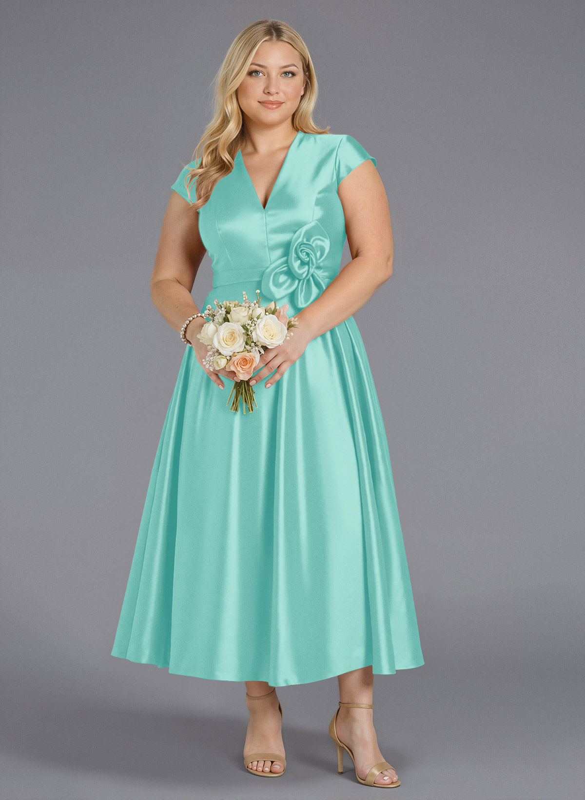 Classic V-Neck Short Sleeves Flower(s) A-Line Ankle-Length Satin Bridesmaid Dresses With Pockets, product image 188