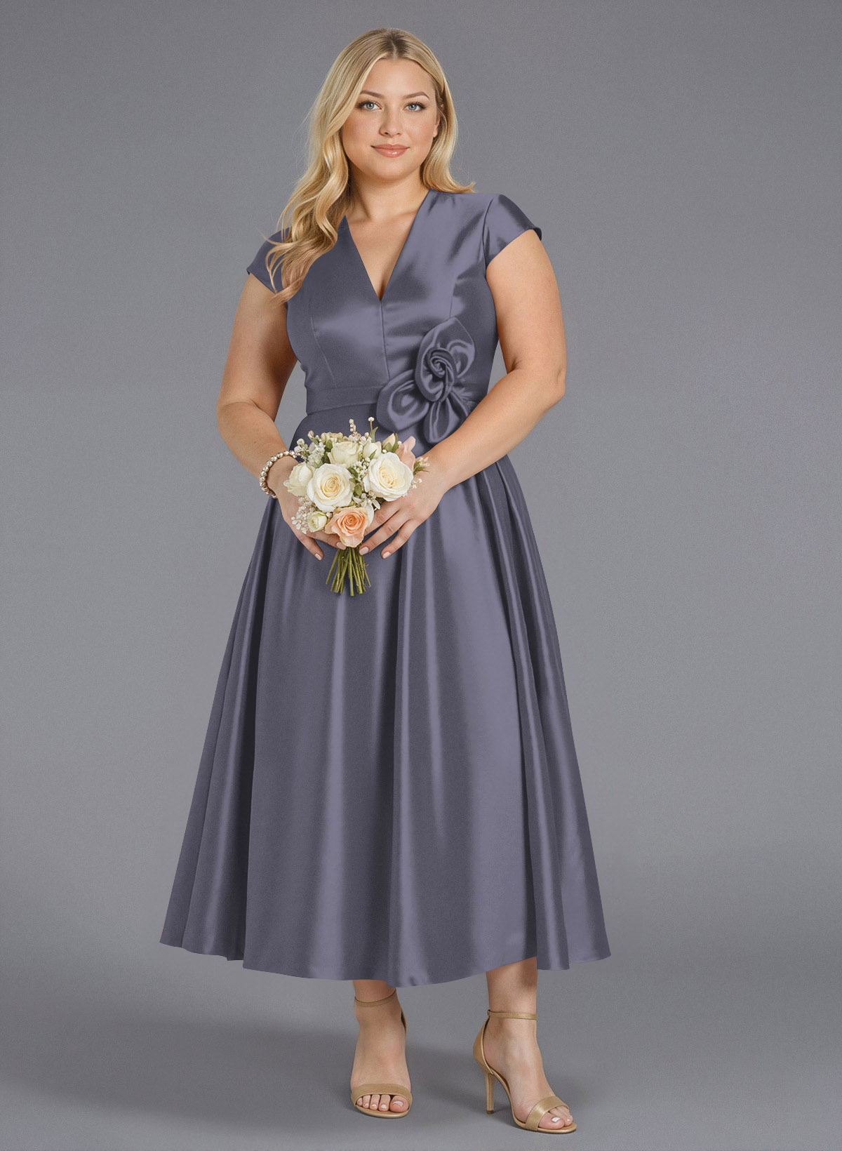 Classic V-Neck Short Sleeves Flower(s) A-Line Ankle-Length Satin Bridesmaid Dresses With Pockets, product image 268