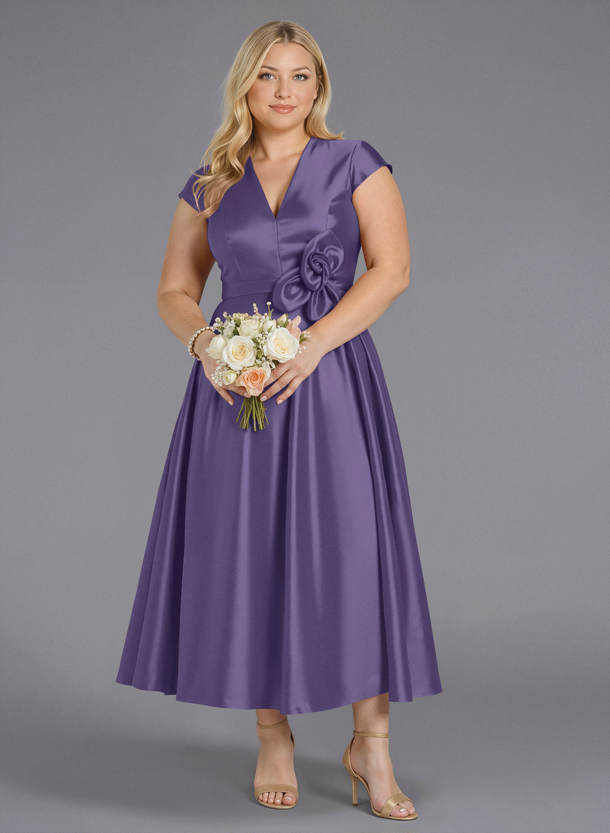 Classic V-Neck Short Sleeves Flower(s) A-Line Ankle-Length Satin Bridesmaid Dresses With Pockets, product image 212