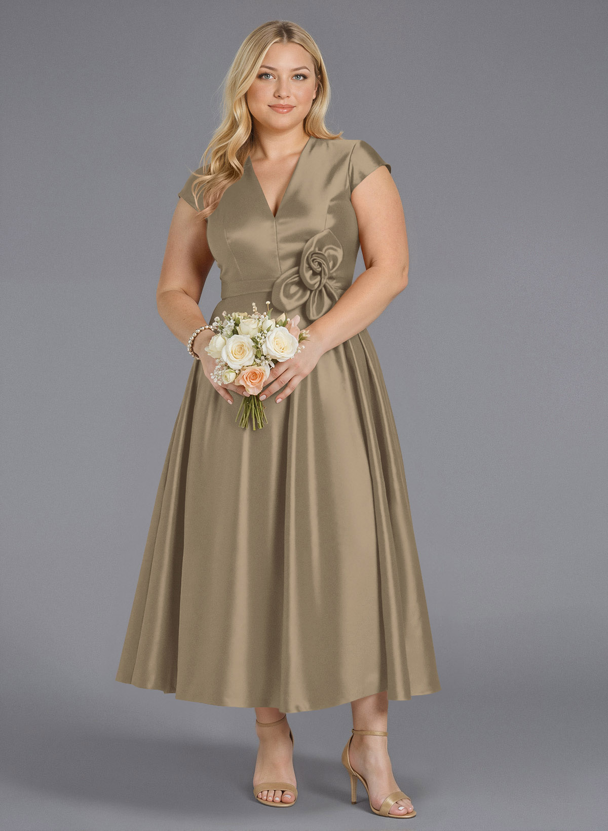 Classic V-Neck Short Sleeves Flower(s) A-Line Ankle-Length Satin Bridesmaid Dresses With Pockets, product image 184
