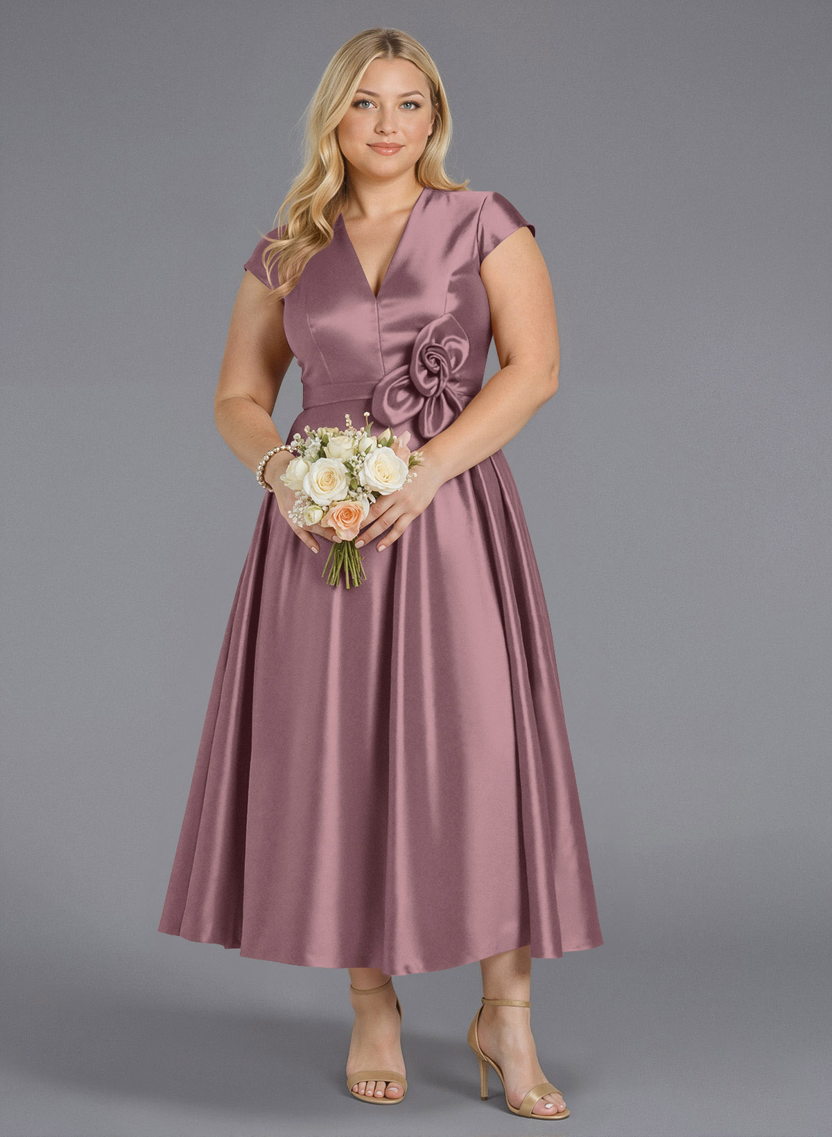 Classic V-Neck Short Sleeves Flower(s) A-Line Ankle-Length Satin Bridesmaid Dresses With Pockets, product image 220