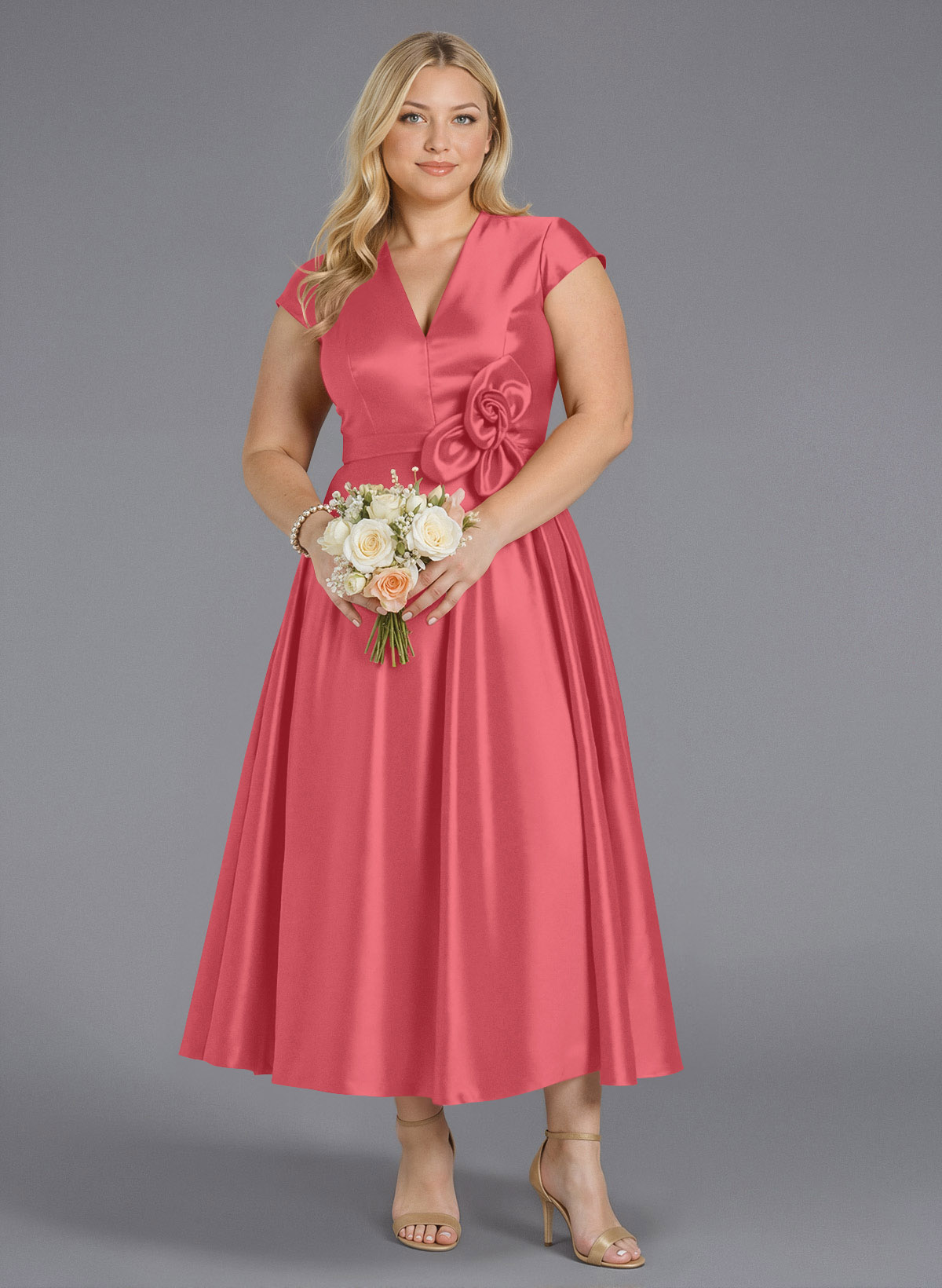 Classic V-Neck Short Sleeves Flower(s) A-Line Ankle-Length Satin Bridesmaid Dresses With Pockets, product image 240