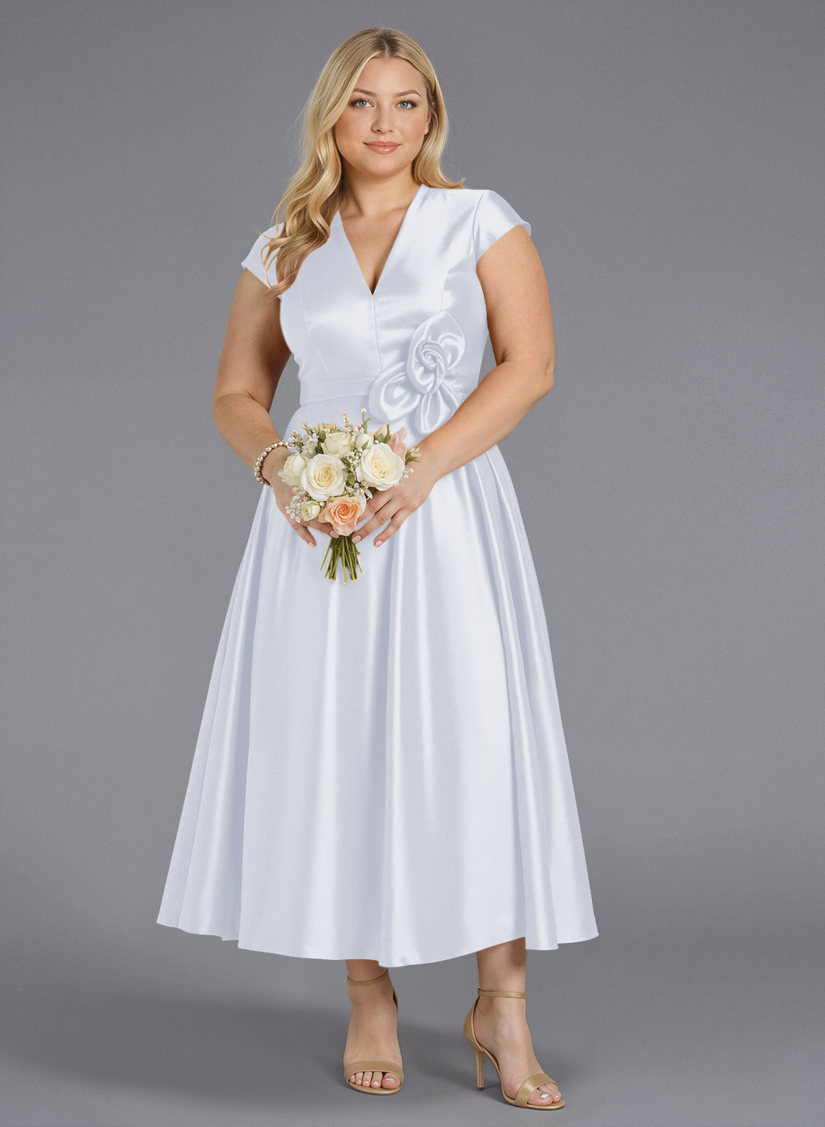 Classic V-Neck Short Sleeves Flower(s) A-Line Ankle-Length Satin Bridesmaid Dresses With Pockets, product image 170