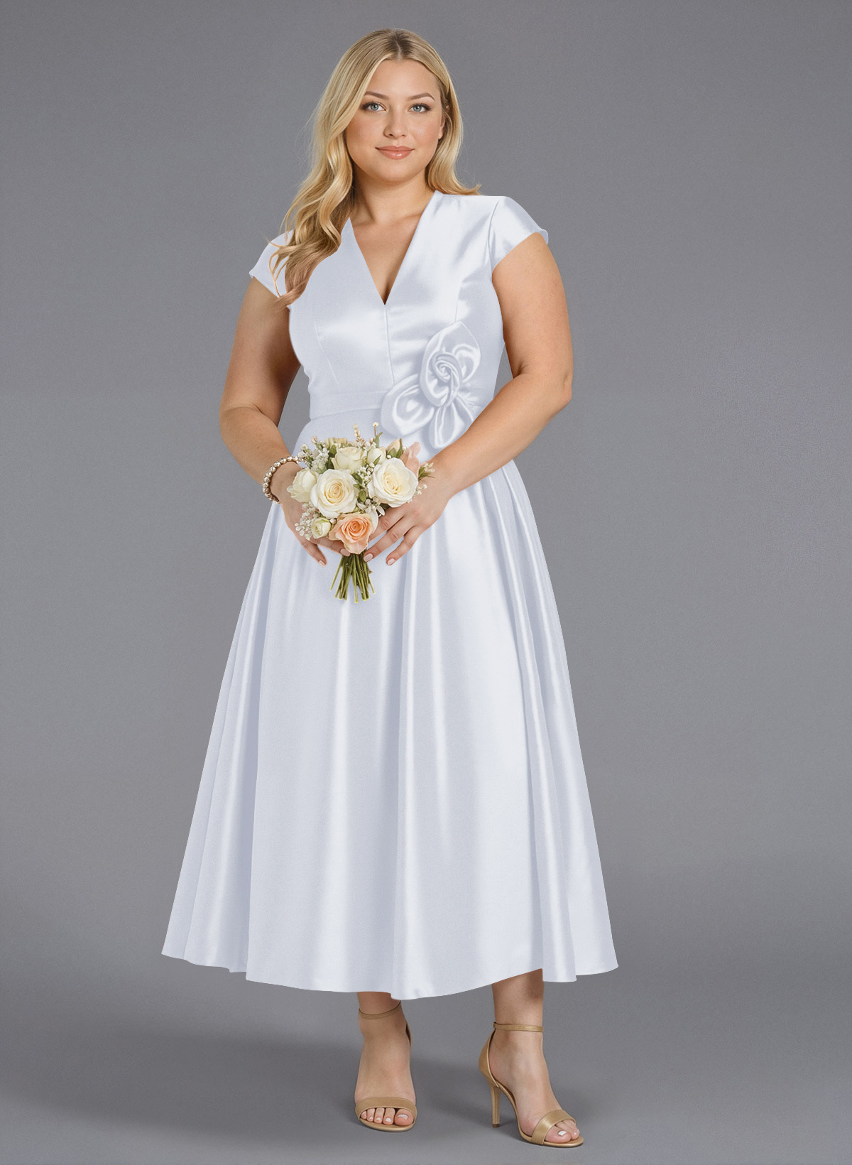 Classic V-Neck Short Sleeves Flower(s) A-Line Ankle-Length Satin Bridesmaid Dresses With Pockets, product image 170