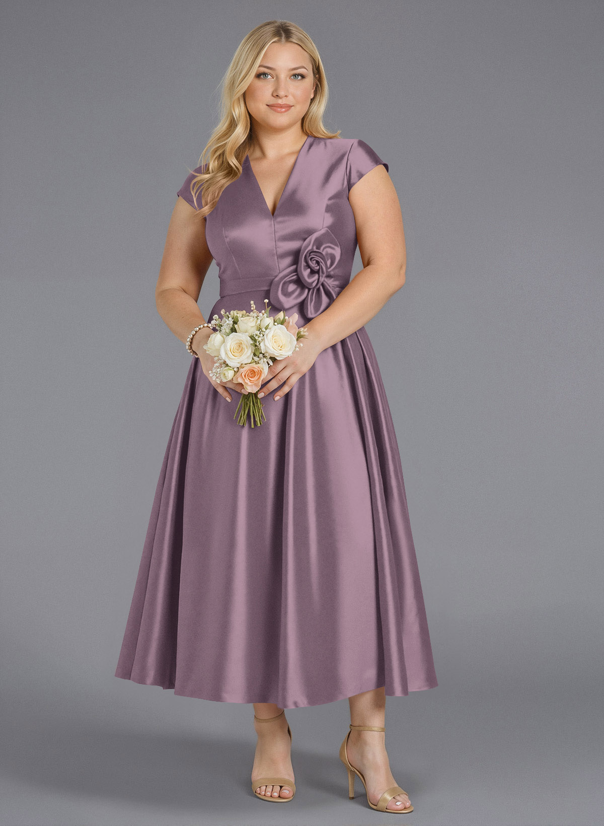 Classic V-Neck Short Sleeves Flower(s) A-Line Ankle-Length Satin Bridesmaid Dresses With Pockets, product image 222