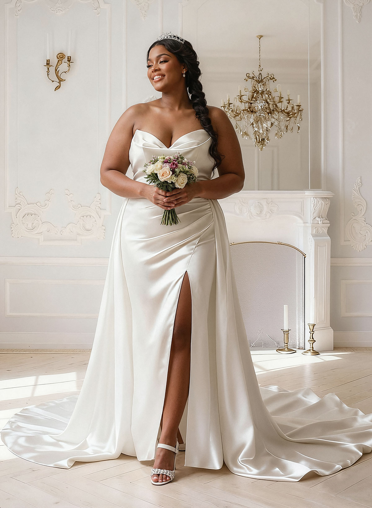 Trumpet/Mermaid Strapless Sleeveless Sweep Train Matte Satin Wedding Dresses With High Split, product image 1