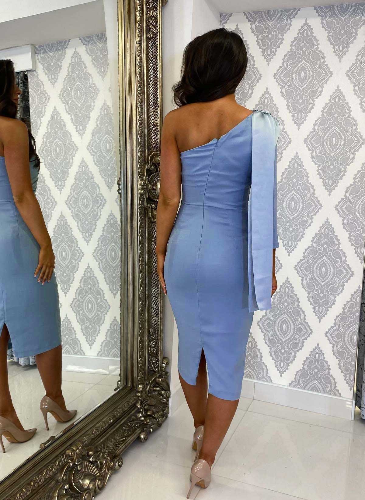 Sheath/Column One-Shoulder Tea-Length Evening Dresses With Sweeping Side Drape/Back Slit, supplier image 2