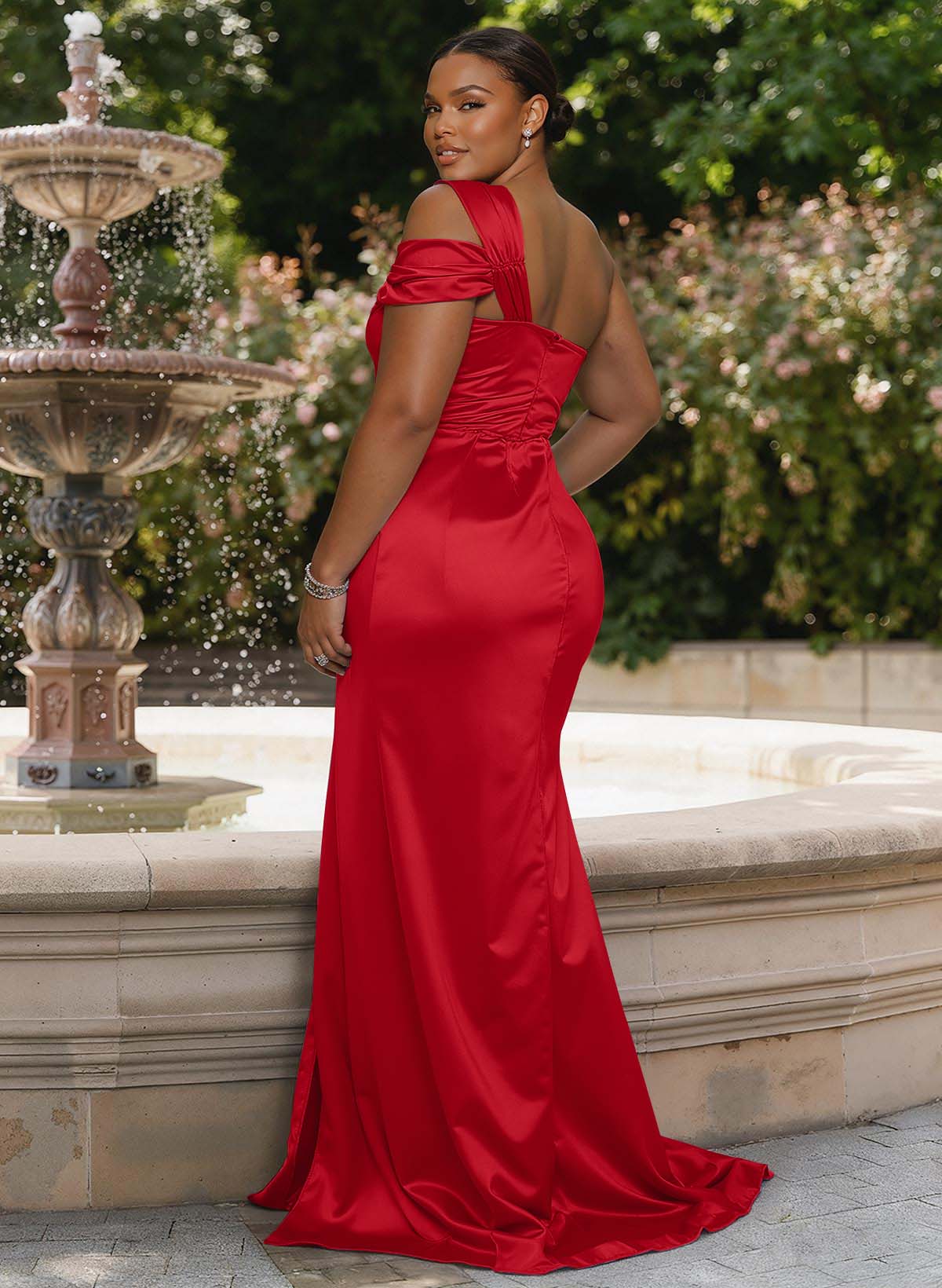 Sheath/Column One-Shoulder Sweep Train Silk Like Satin Bridesmaid Dresses With Pleated/High Split