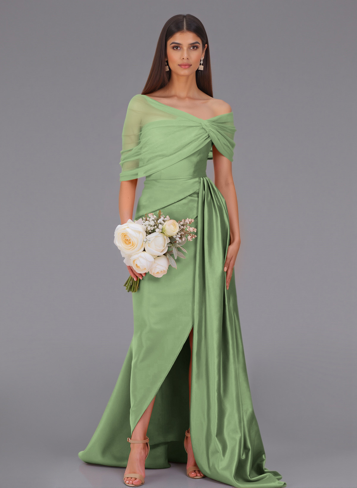 Elegant Tulle Asymmetrical Neckline Satin Bridesmaid Dresses With Split Front/Sweeping Side Drape, product image 53